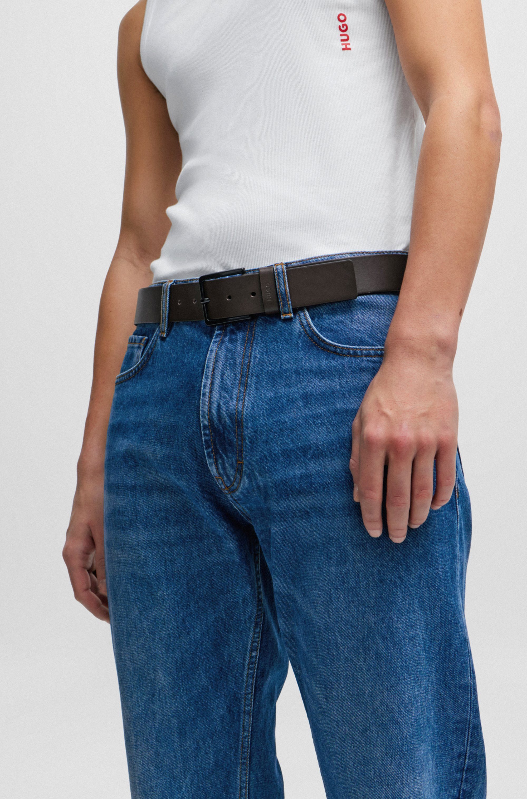 HUGO Leren riem Gionio van italiaans leer met logo-embossing op de lus