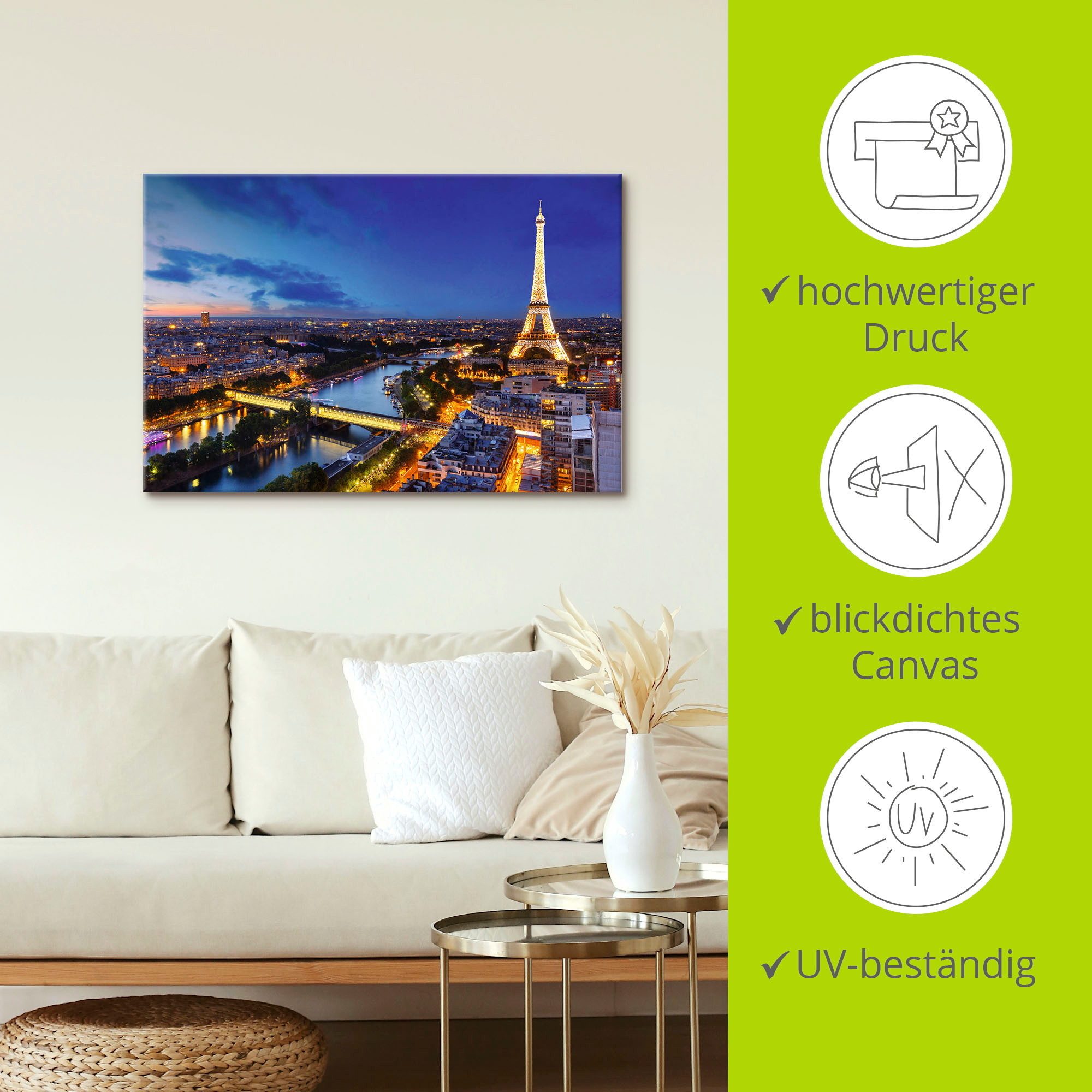 Artland Artprint Eiffeltoren en Seine ‘s avonds, Parijs als artprint van aluminium, artprint voor buiten, artprint op linnen, poster, muursticker