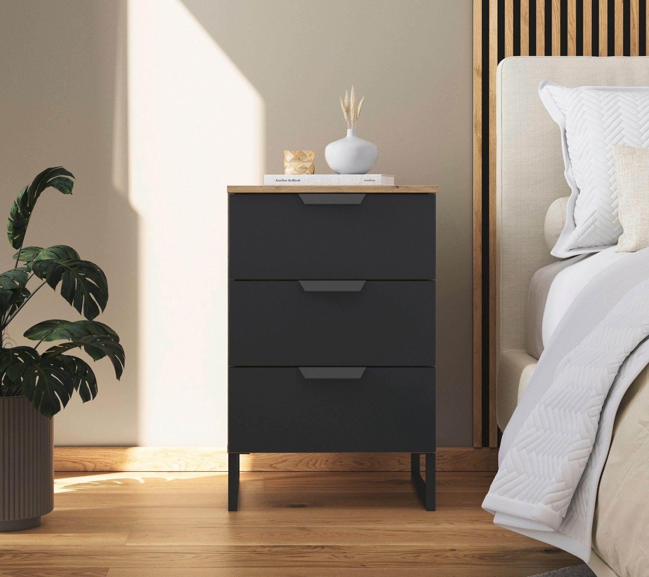 rauch Nachtkastje Dark&Wood by Aditio in industriële stijl met sledevoet, 3 lades met softclose-functie