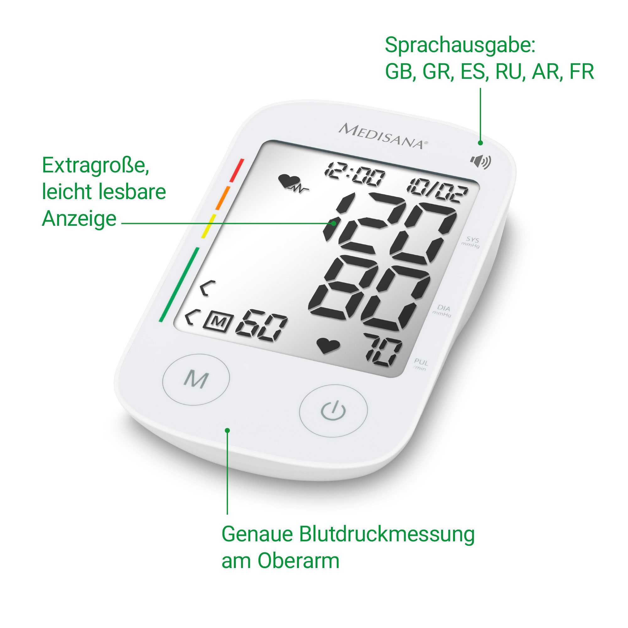Medisana Bovenarm-bloeddrukmeter BU 535 Voice Spraakuitvoer, onregelmatige hartslagweergave, elk 120 geheugenplaatsen