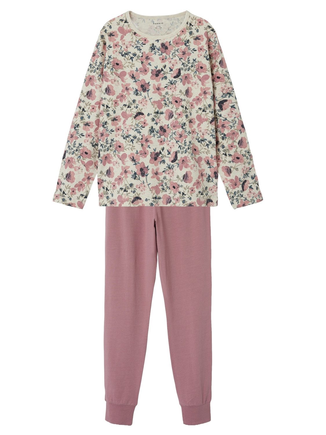 Name it KIDS gebloemde pyjama roze ecru multi Meisjes Stretchkatoen Ronde hals 110 116