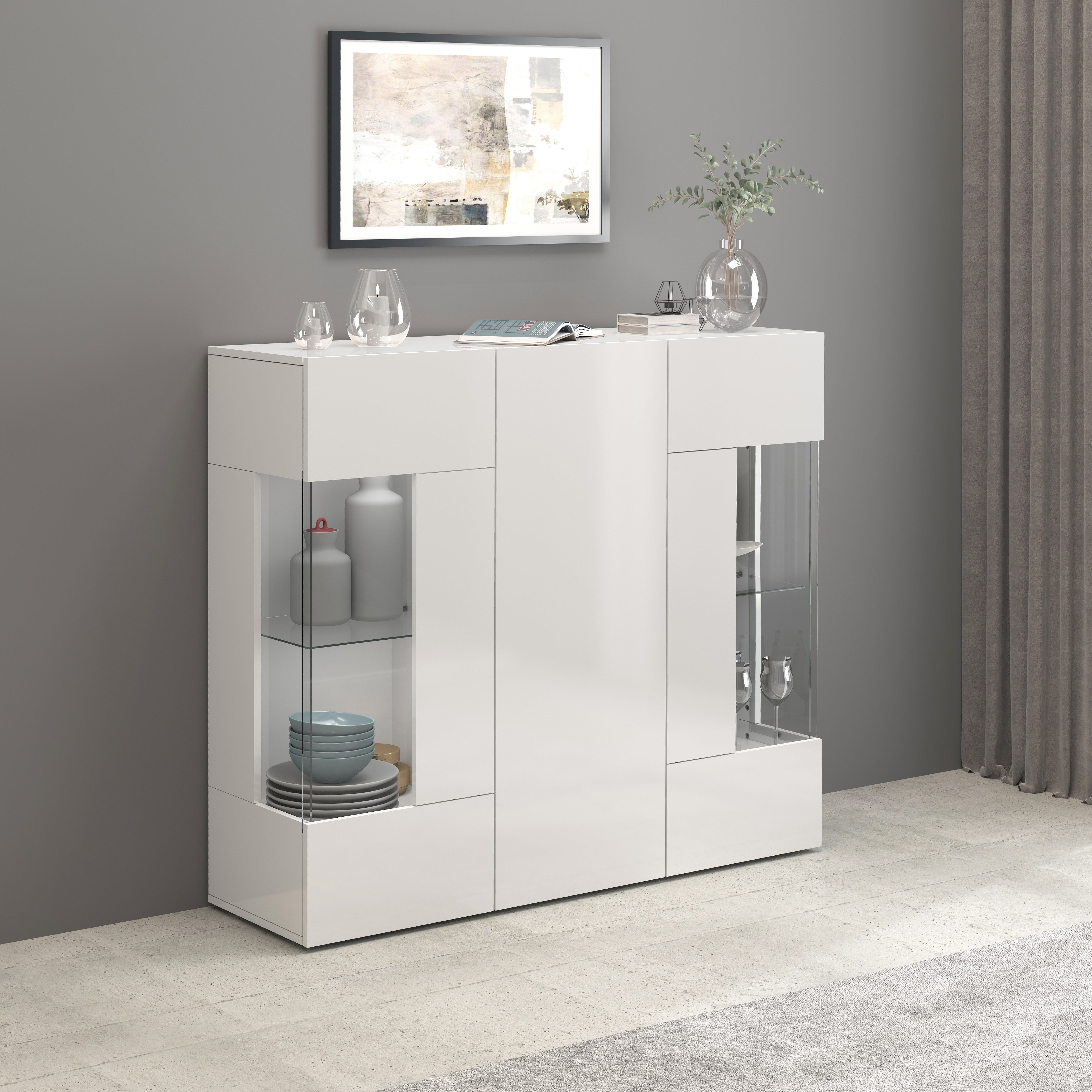 INOSIGN Highboard Egypte, Highboard, Hoge kast, Hoge ladekast, Vitrine met 3 deuren waarvan 2 met glaselement, volledig hoogglans gelakt, breedte 135