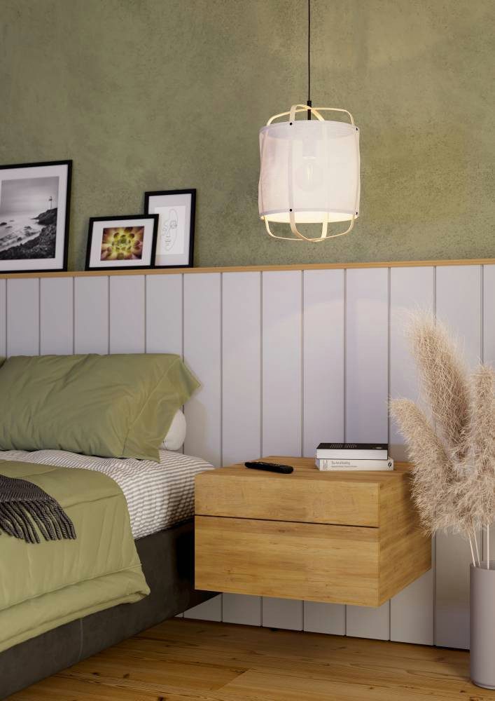 EGLO Hanglamp SURFLEET Hanglamp, linnen in beige, bamboe en metaal in zwart, E27 (1 stuk)