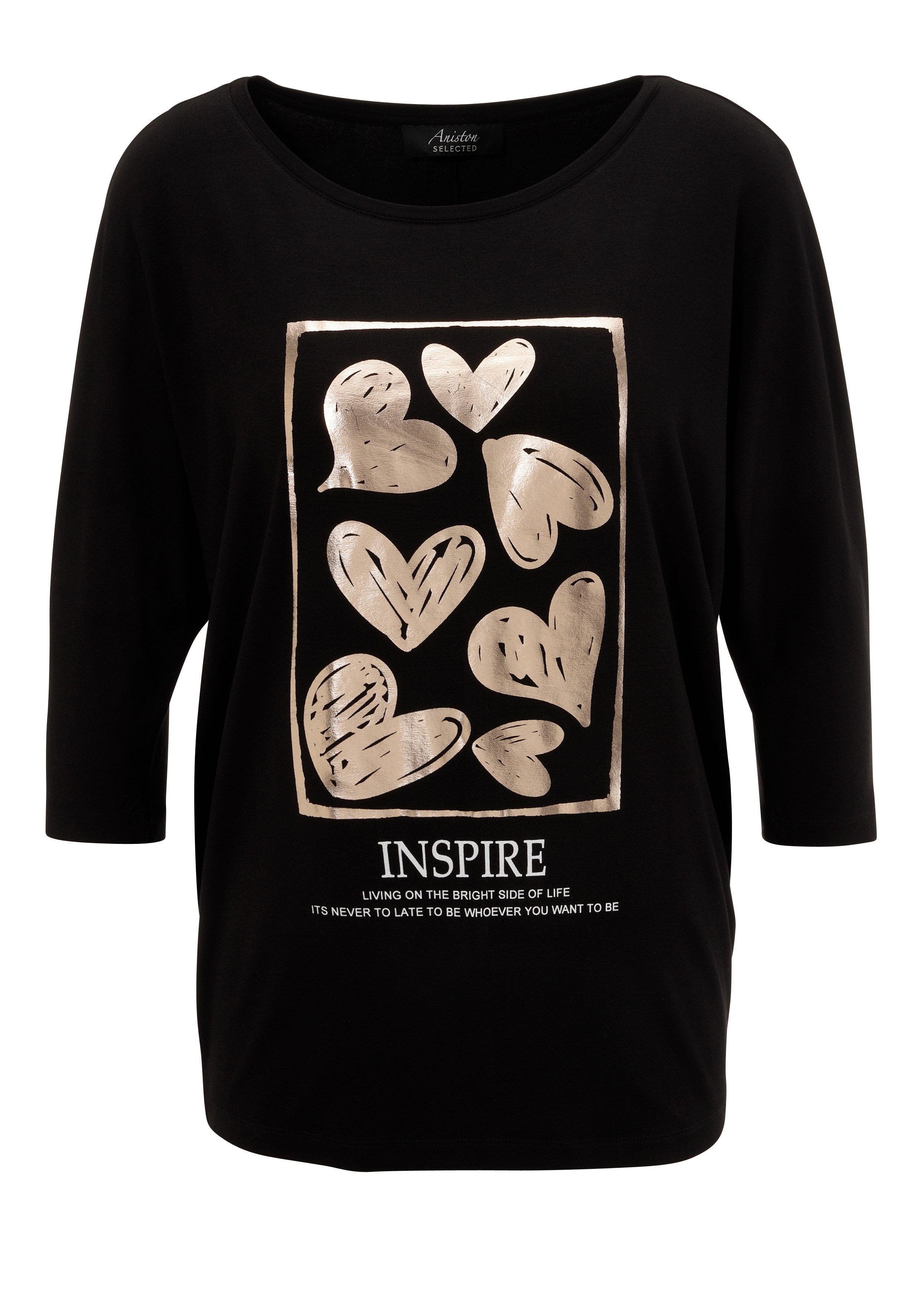 Aniston SELECTED Shirt met 3/4 mouwen met gouden harten en statementtekst - nieuwe collectie