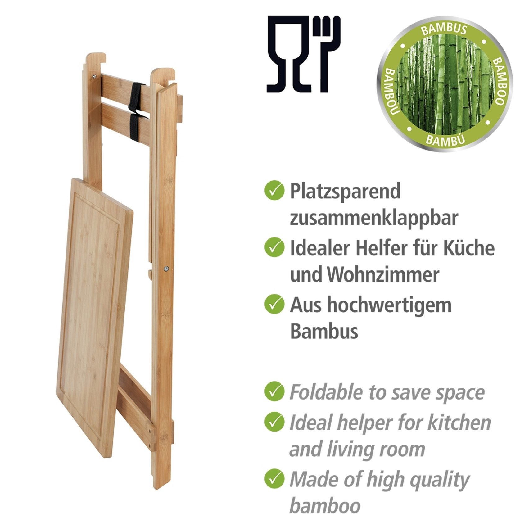 WENKO Klaptafel Model Lugo Bijzettafel met snijplank en afneembare dienblad, bamboe