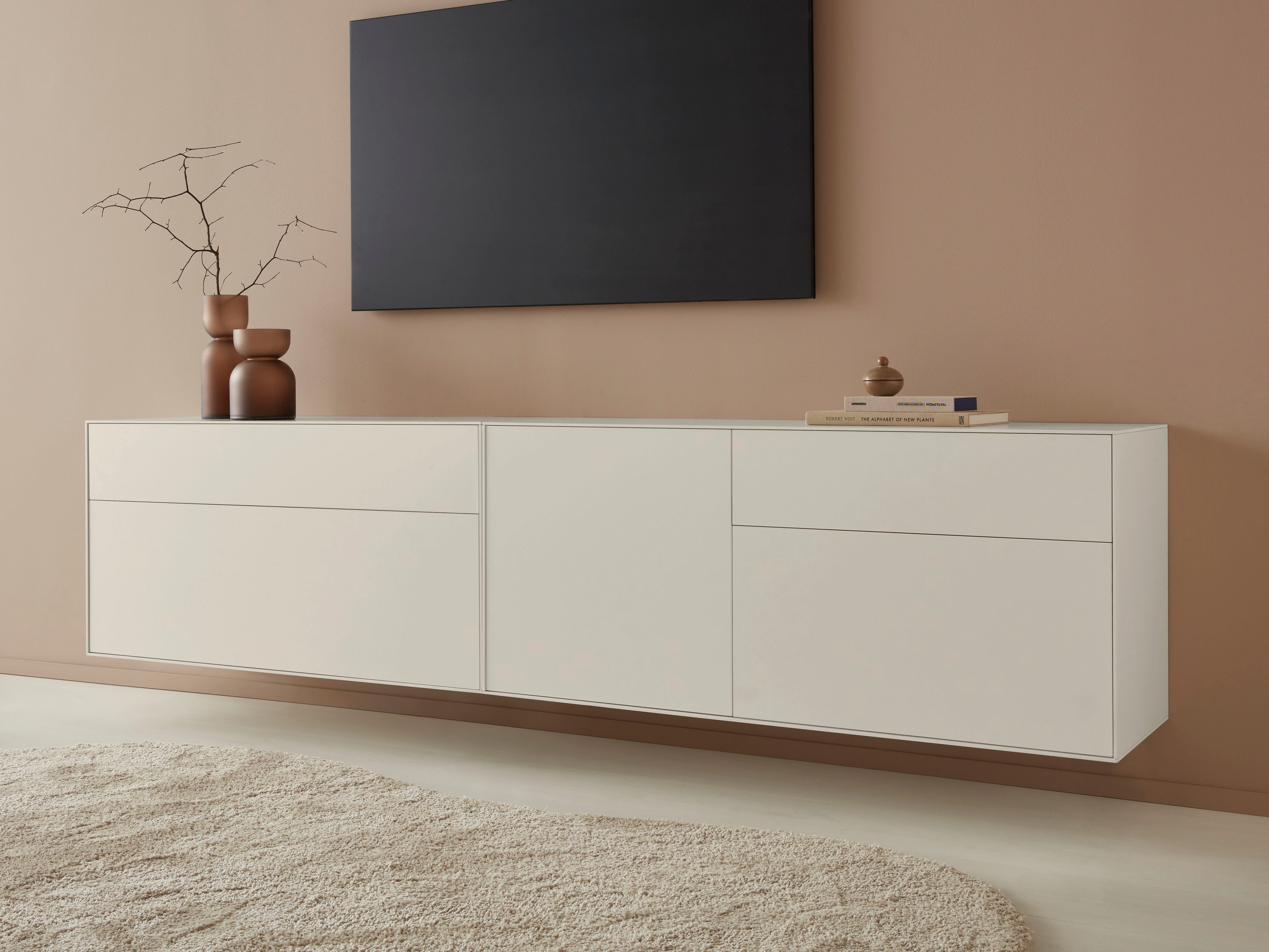 LeGer Home by Lena Gercke Tv-meubel Essentials Breedte: 239 cm, MDF gelakt, push-to-open-functie (2 stuks) lowboards grijs