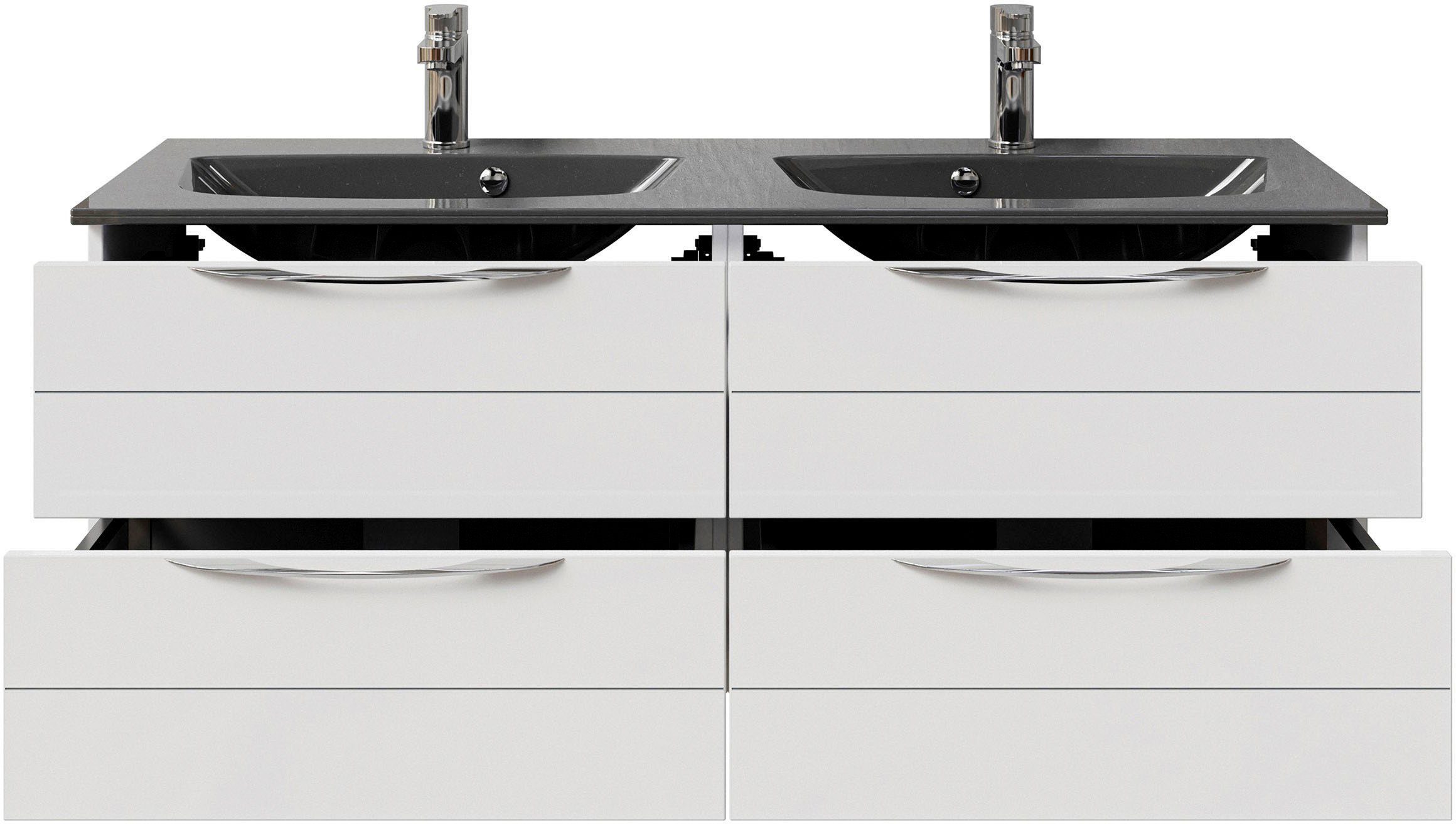 Saphir Wastafelonderkast Serie 6025 mineraalmarmeren wastafel met onderkast, 132 cm breed Dubbele wastafel met 4 lades, hangend, verschillende uitvoeringen (2-delig)