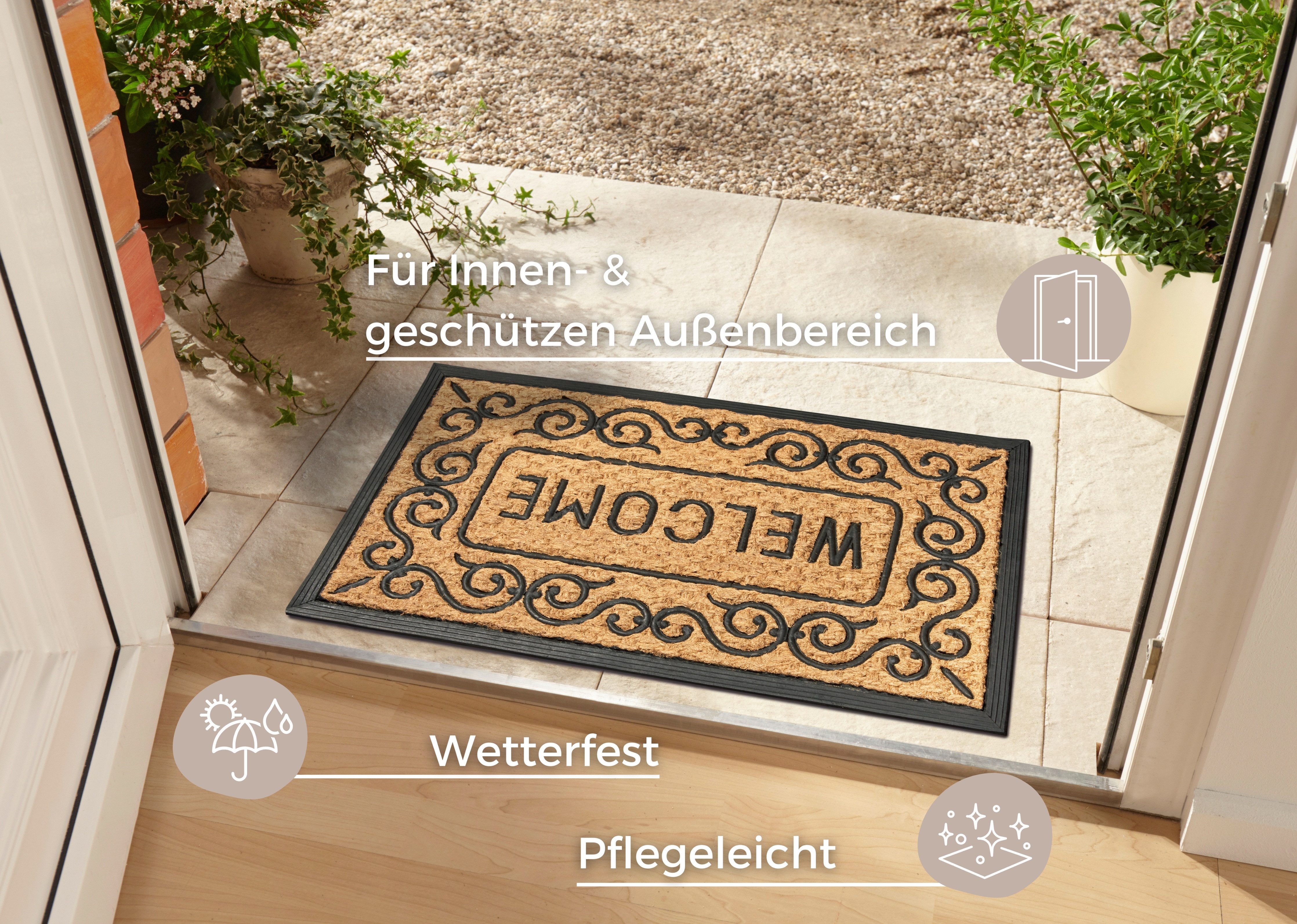 HANSE Home Mat Mix Mats Gummi-Kokos Welcome Floral Border, deurmat Kokos, rubber, vuilafstotende mat, buiten, antislip, binnen, kokosmat
