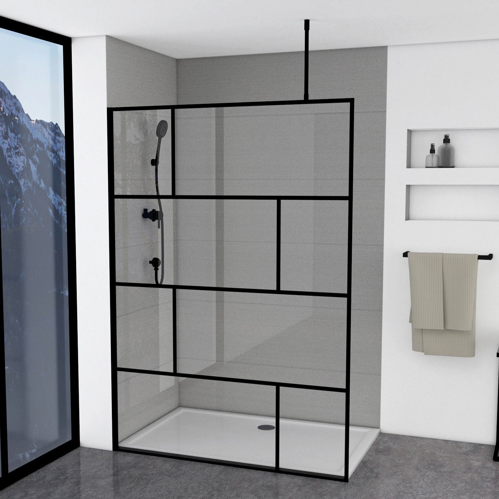 Marwell Walk-in-douche Bricks 90x 195 cm, inclusief houderstang voor plafondmontage, 140 cm (2-delig) douchecabines maat 140 cm x 195 cm zwart