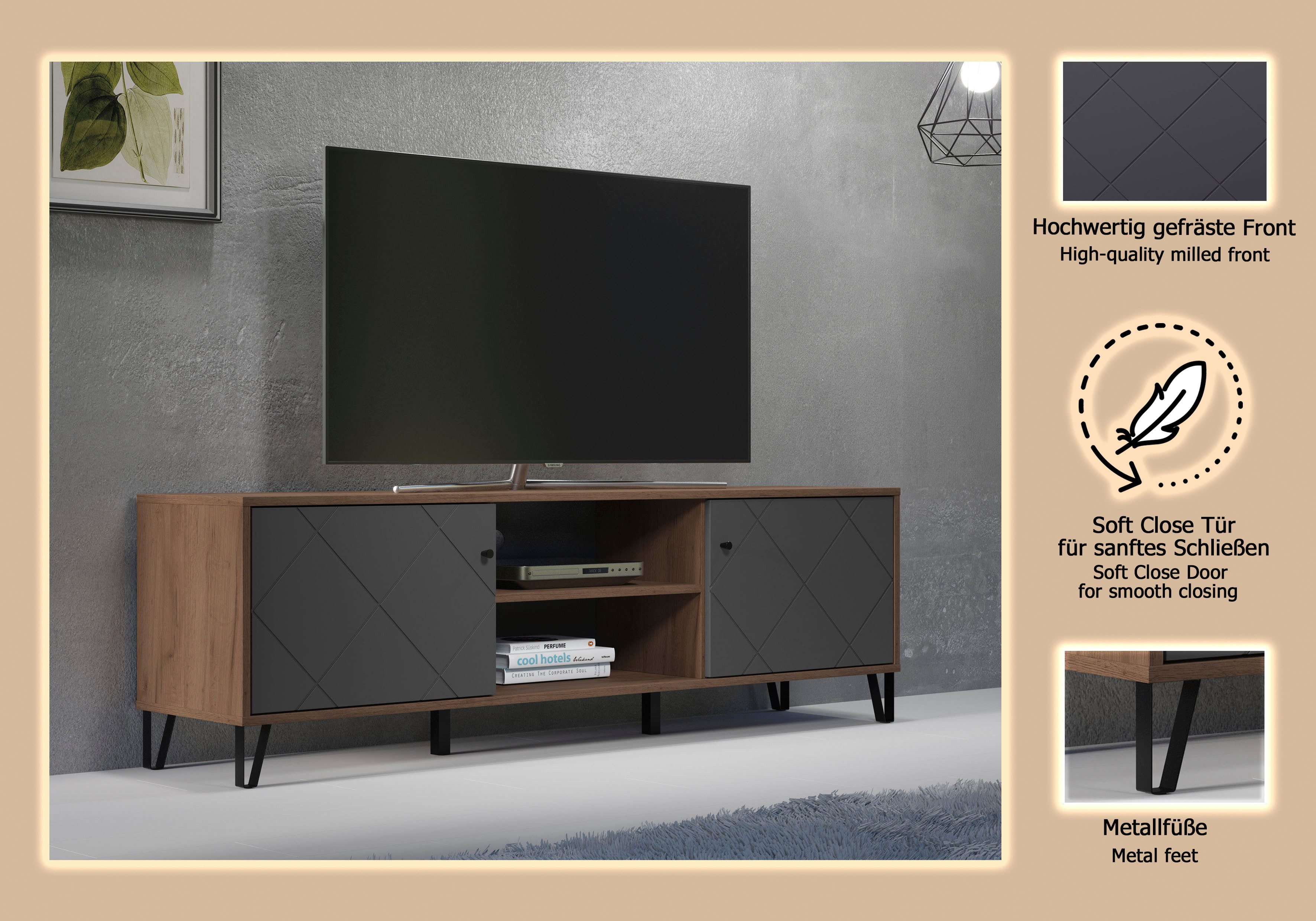 Places of Style Tv-meubel MOLVENO Commode, met gestructureerde fronten, Soft-Close, B 183 cm (1 stuk)