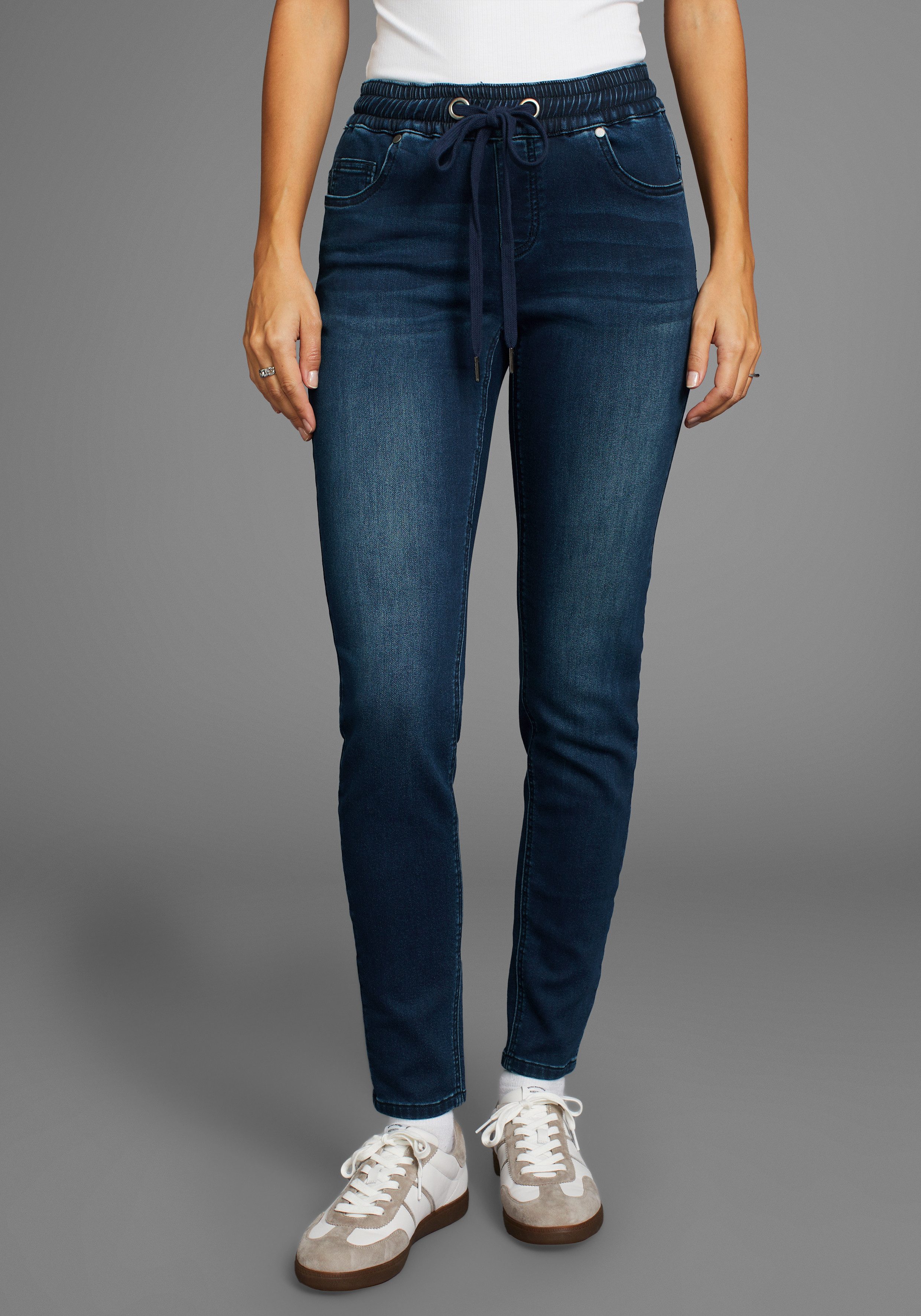 Arizona Stretch jeans wijde broekspijp, hoge taille, enkel-lang, met used-wassing dames stretch jeans maat 38 blauw