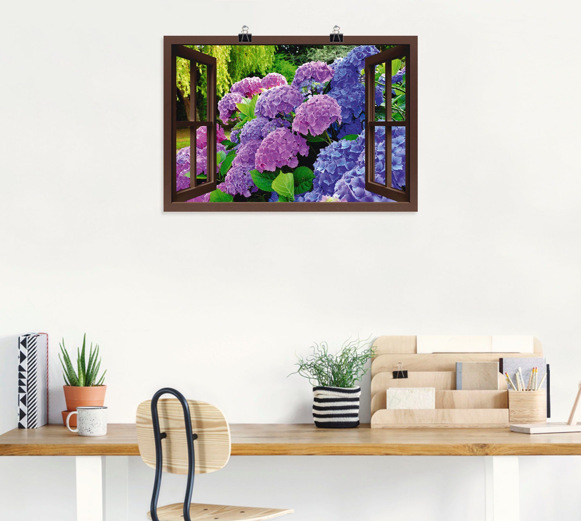Artland Artprint Blik uit het venster - hortensia's in de tuin als artprint op linnen, poster in verschillende formaten maten