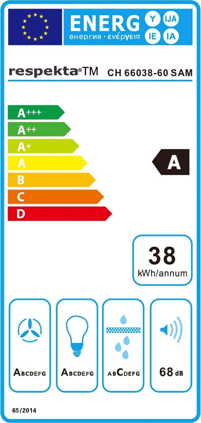 RESPEKTA Schuine wandkap CH 66038-60 WAM 60 cm, 3 vermogensniveaus, led-verlichting, geschikt voor afzuiging en recirculatie