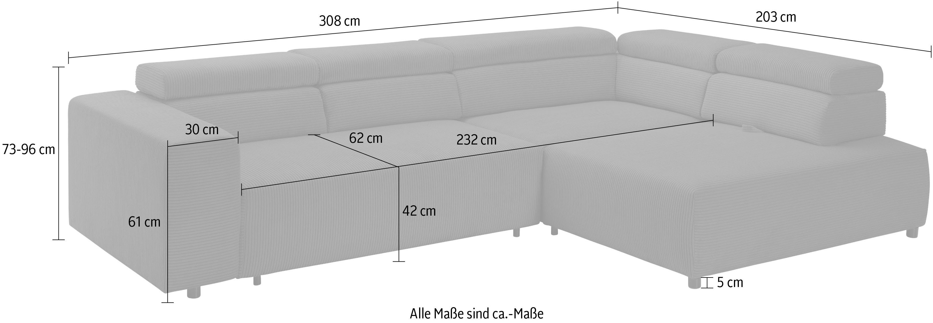 exxpo - sofa fashion Hoekbank VITTORIO met comfortfuncties, comfortabel en modern, cord, L-vorm incl. hoofdsteun- en zitdiepteverstelling, optioneel met bedfunctie