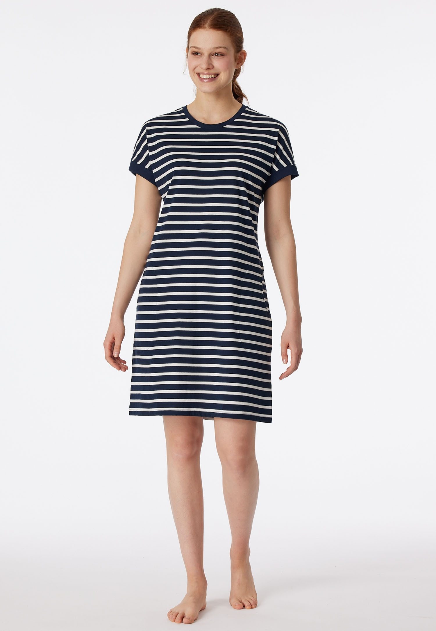 Schiesser Nachthemd "Casual Essentials" met garen-geverfde strepen en sportieve zakken dames nachthemden maat 42 blauw