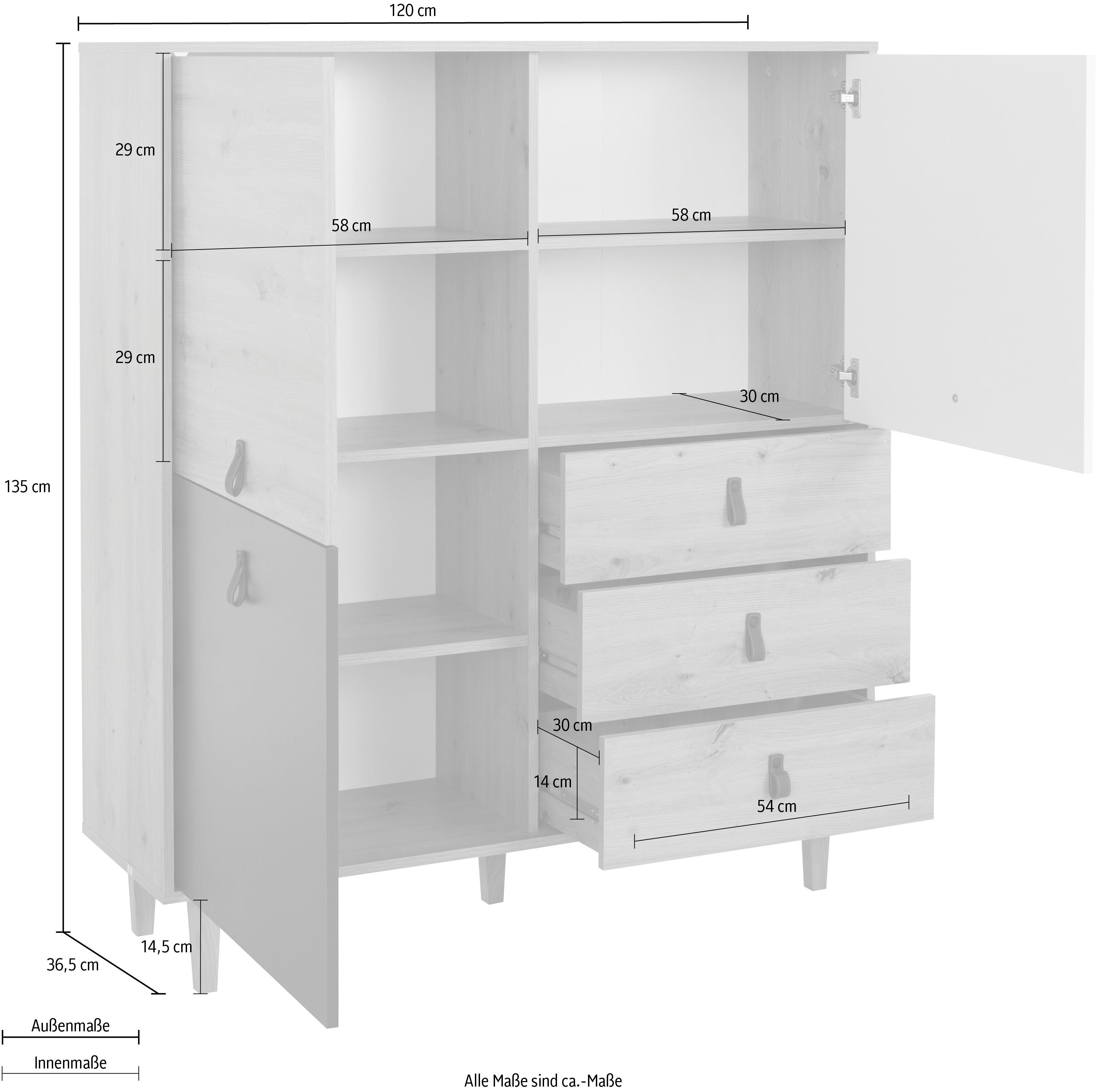 Homexperts Highboard BRISTOL , breedte 120 cm, hoogte 135 cm, met massief eiken poten