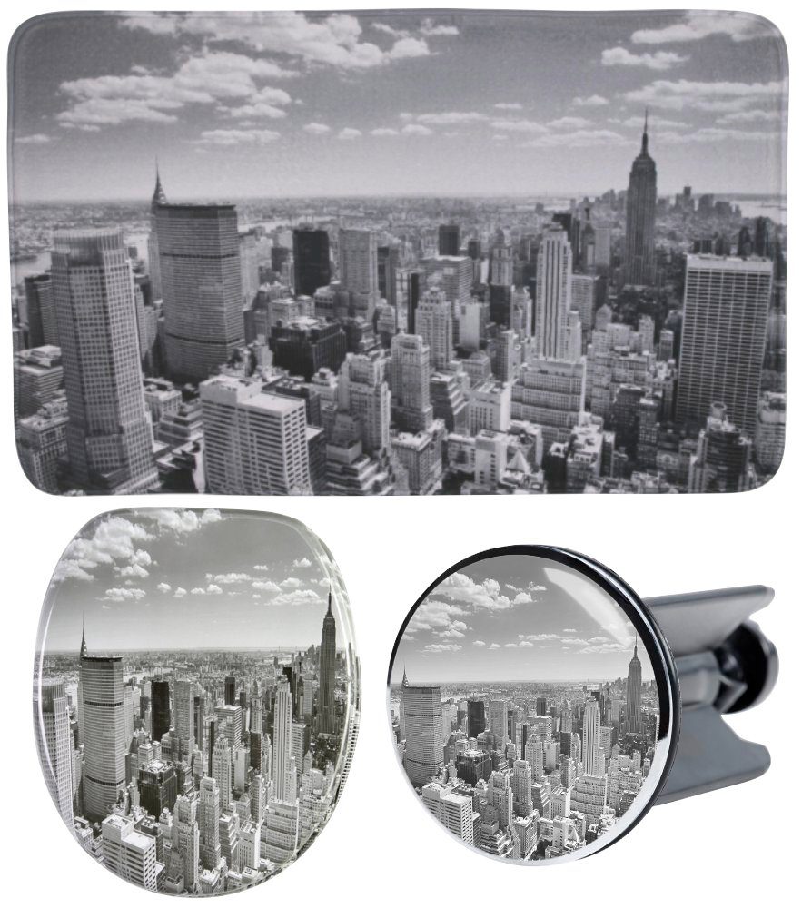 Sanilo Sets badkameraccessoires Skyline New York bestaand uit toiletzitting, badmat en wastafelplug (complete set, 3-delig)