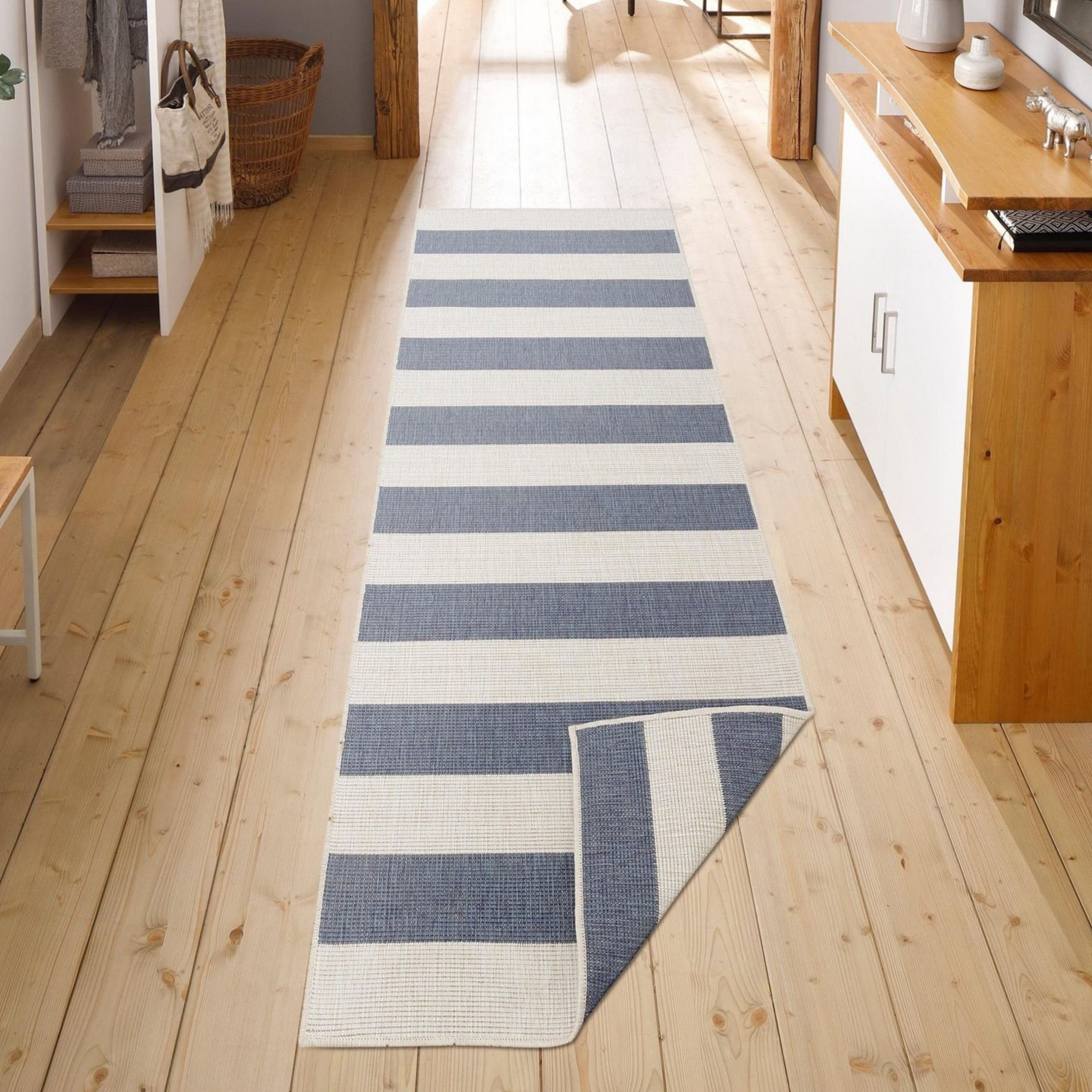 my home Loper Alan omkeerbaar tapijt Dubbelzijdig te gebruiken, strepen, Scandi, weerbestendig, voor binnen en buiten lopers maat 80x250 cm blauw