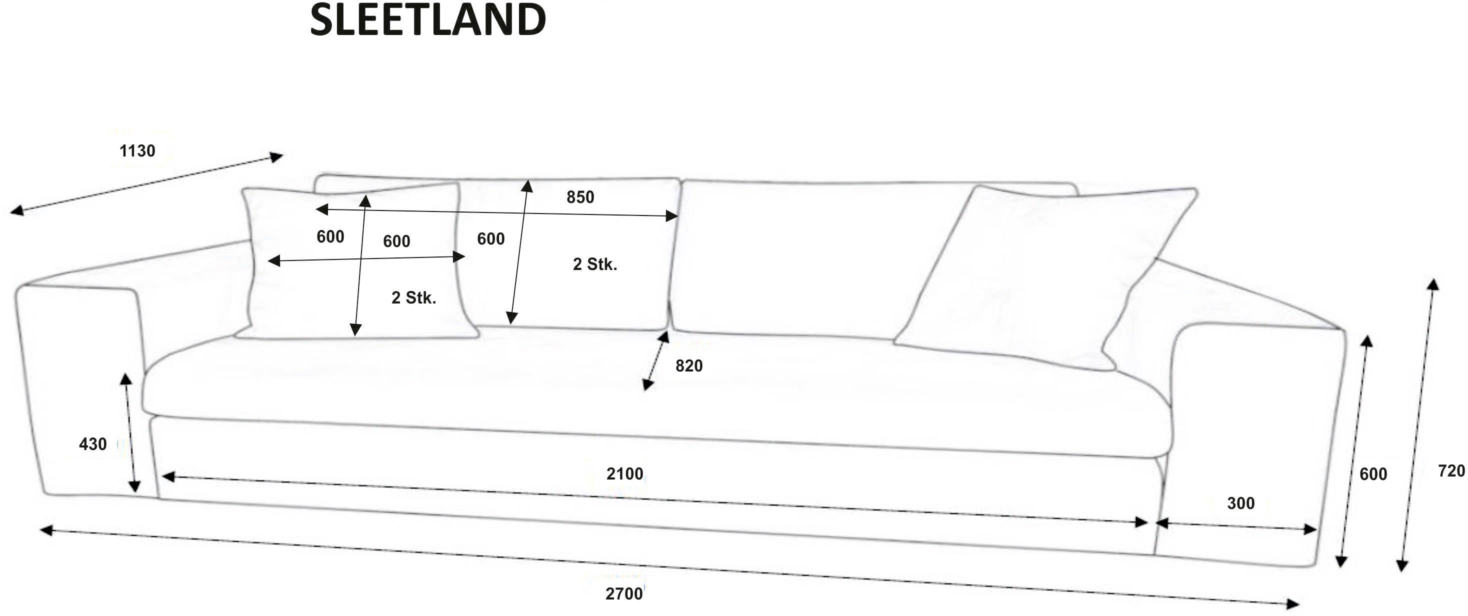 andas 3-zitsbank SLEETLAND XXL in fluweel of vintage lederlook