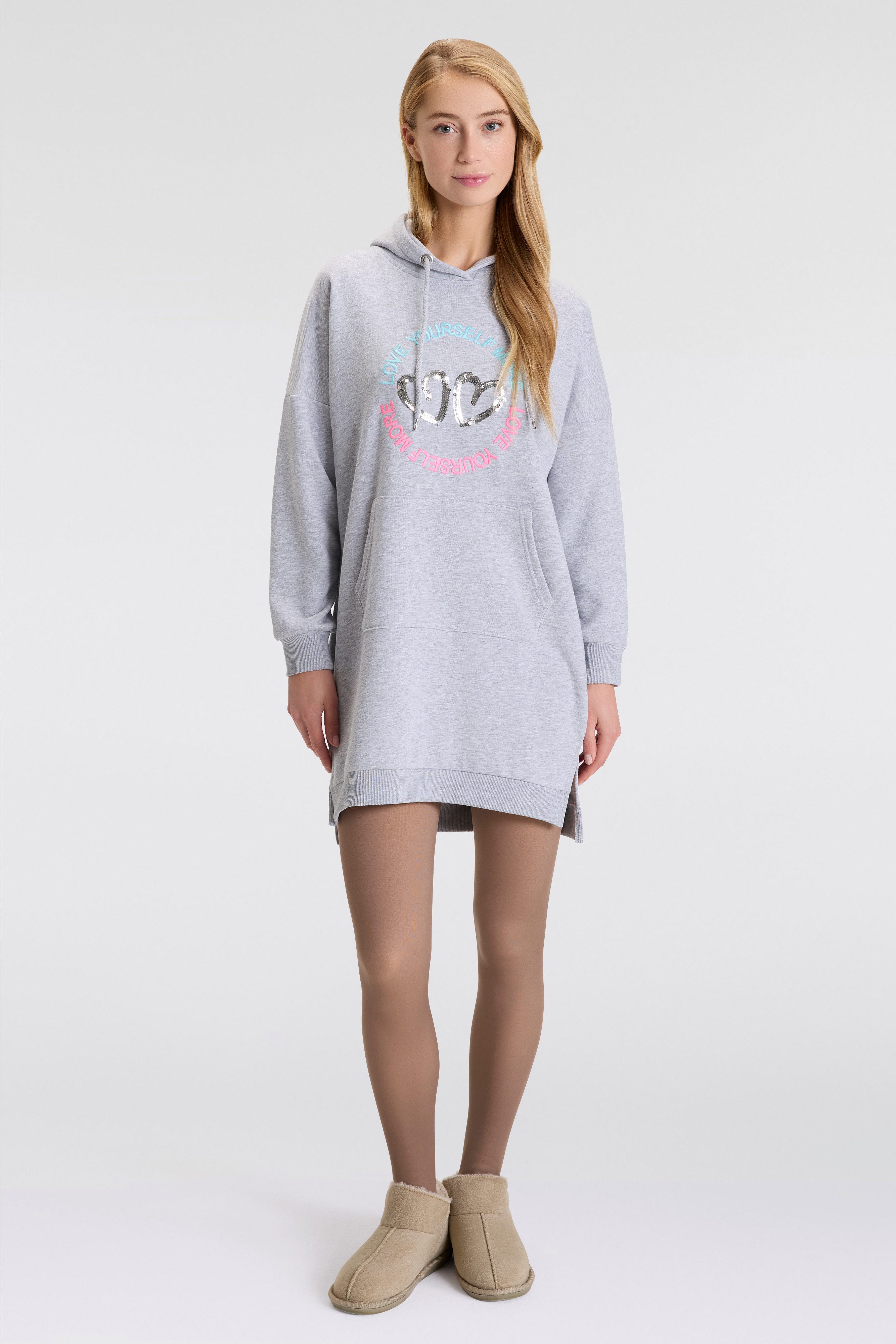 Zwillingsherz Sweatjurk Love Yourself More met capuchon zakken voor- en achtermotief en pailletten