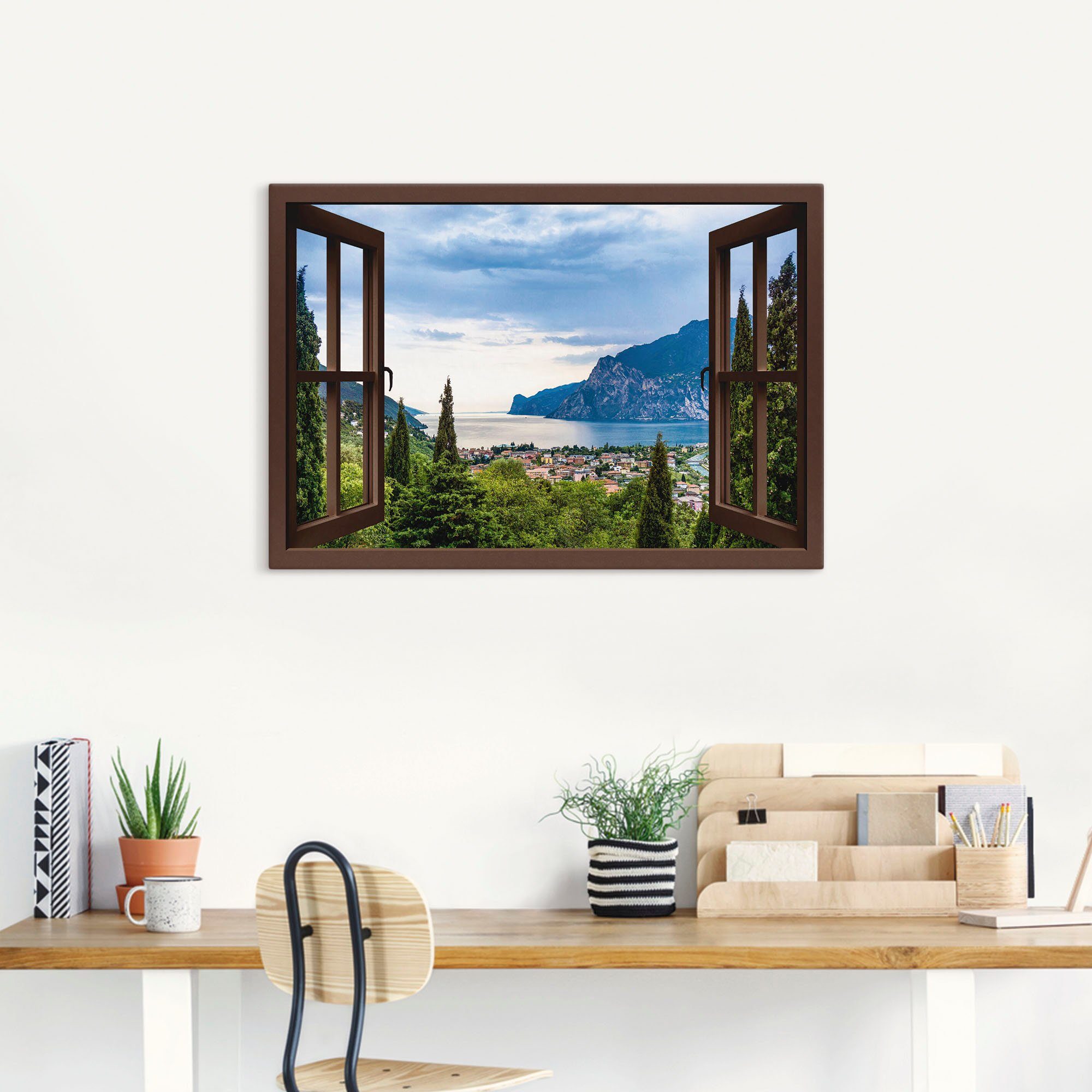 Artland Artprint Gardameer door het bruine raam als artprint van aluminium, artprint voor buiten, artprint op linnen, poster in verschillende maten. maten