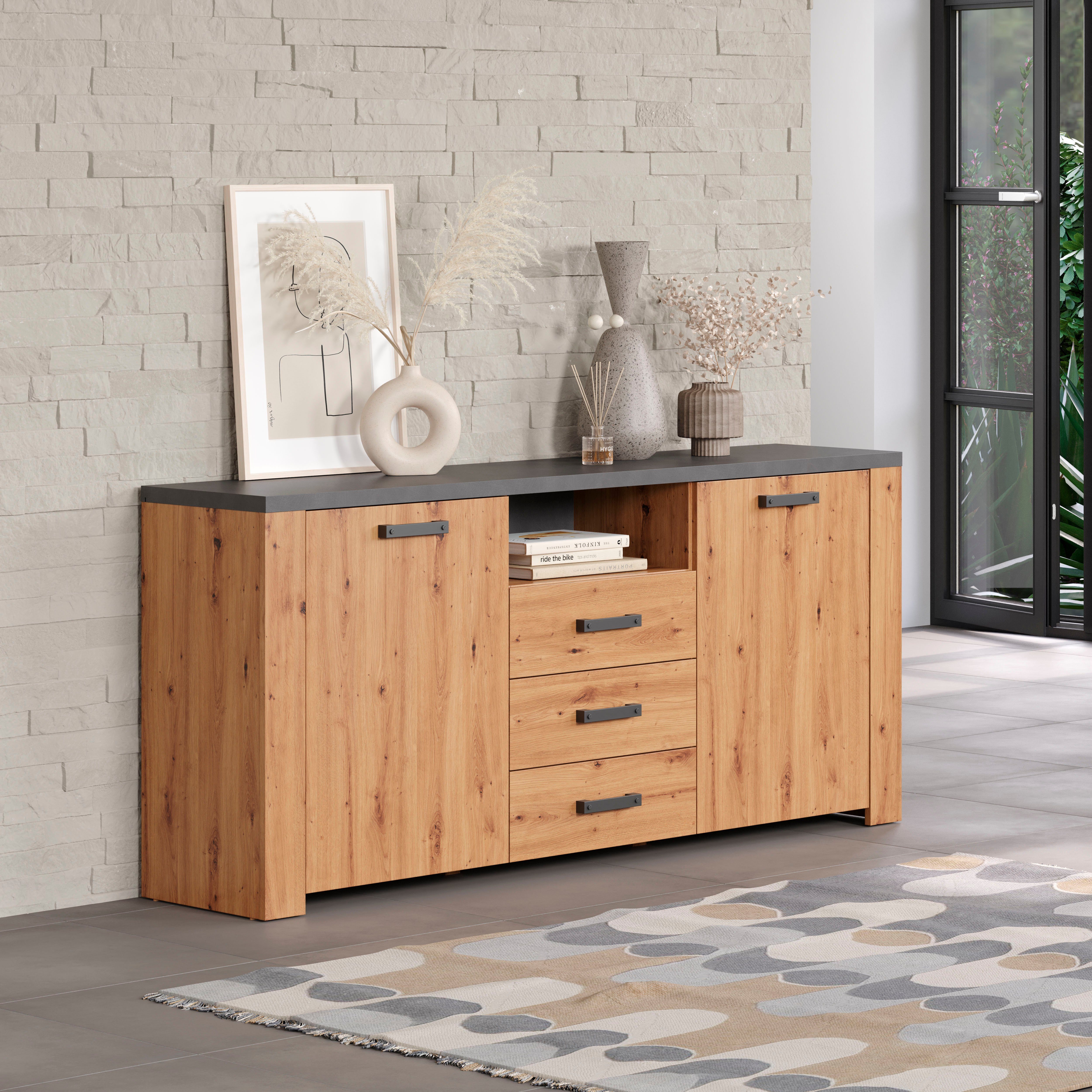 Home affaire Dressoir Ambres Commode in echt houtlook, Afmetingen BxH: 180x83 cm, Eik (1 stuk)