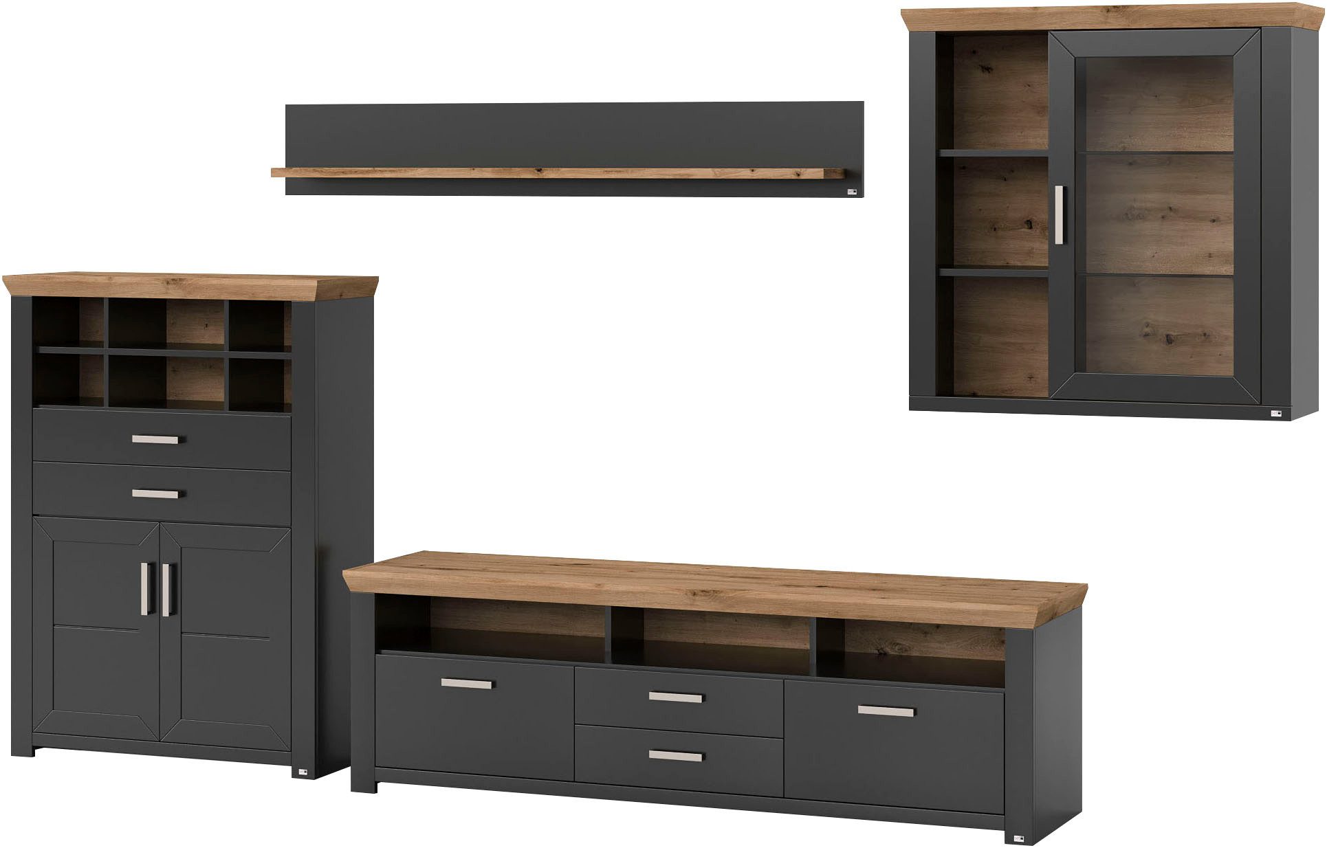 set one by Musterring Wandmeubel York Combinatie 11, in 3 kleurvarianten, totale breedte 374 cm (4-delig)