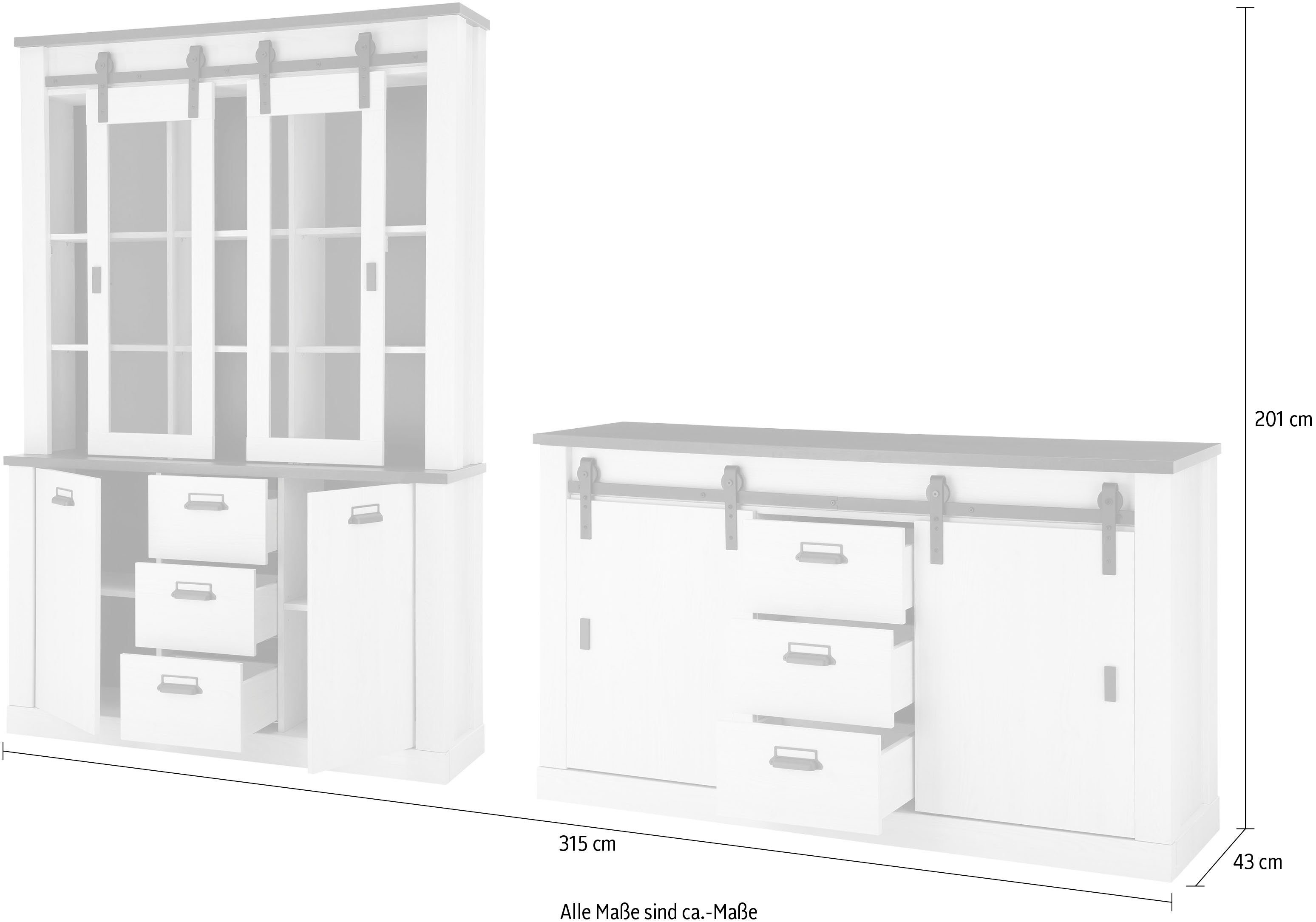 Home affaire Wandmeubel Sherwood Schuurdeurbeslag en apothekersgrepen van metaal, hoogte 201 cm (2-delig)