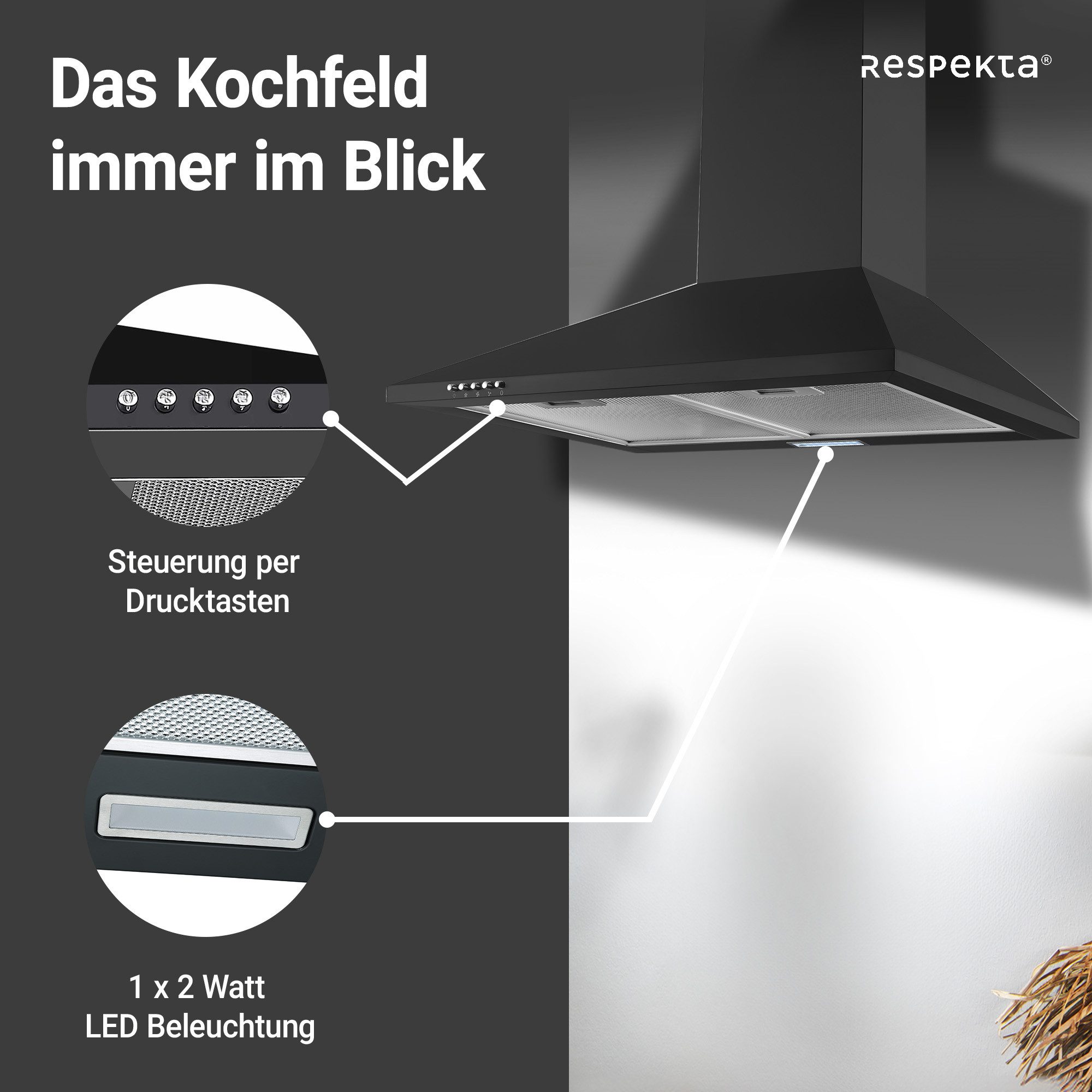 RESPEKTA Schouwkap CH 22055 SA 60 cm, 3 vermogensniveaus, led-verlichting, geschikt voor afzuiging en recirculatie