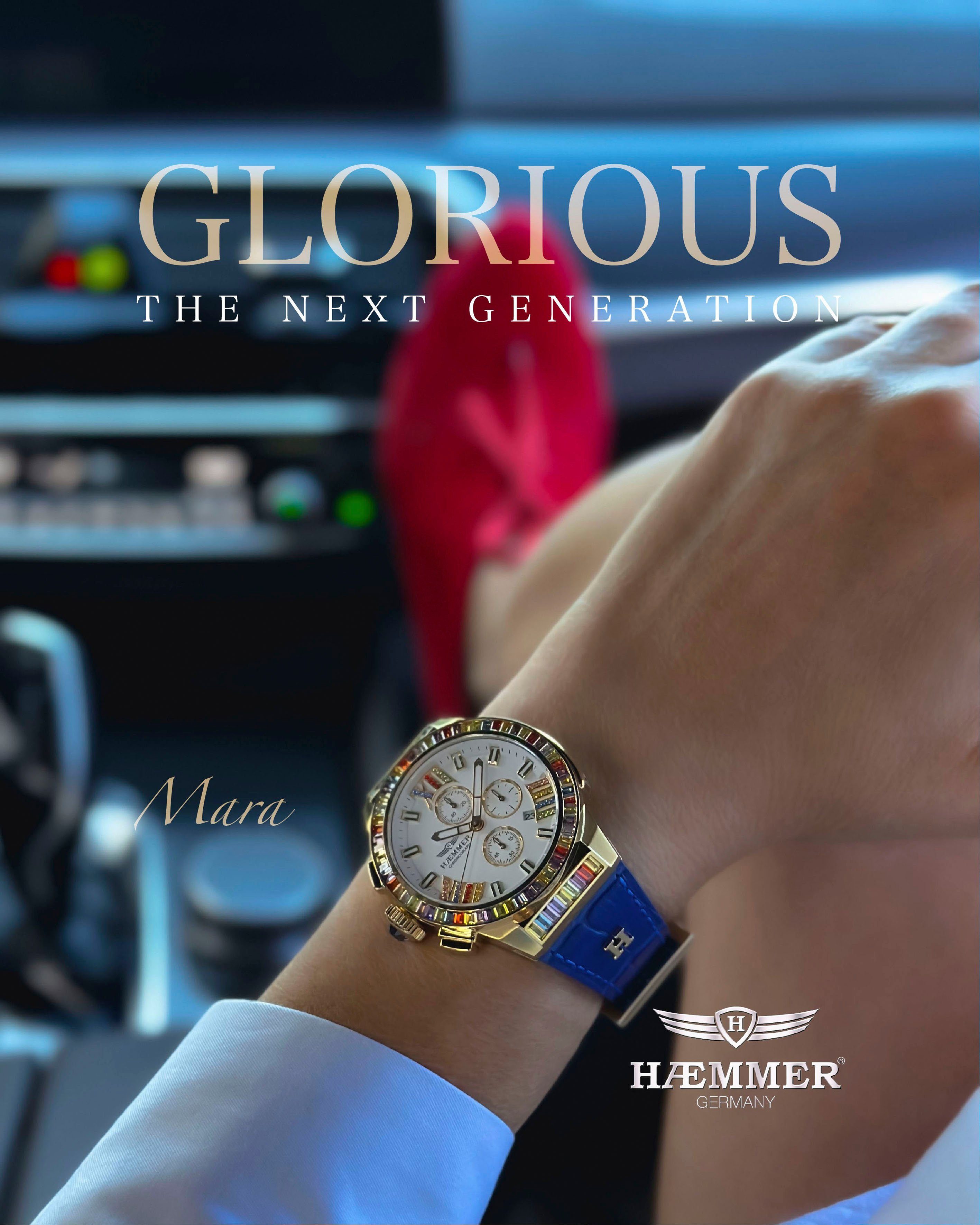 HAEMMER GERMANY Chronograaf Glorious Quartzhorloge, dameshorloge, datum, stopwatchfunctie, saffierglas, leren band