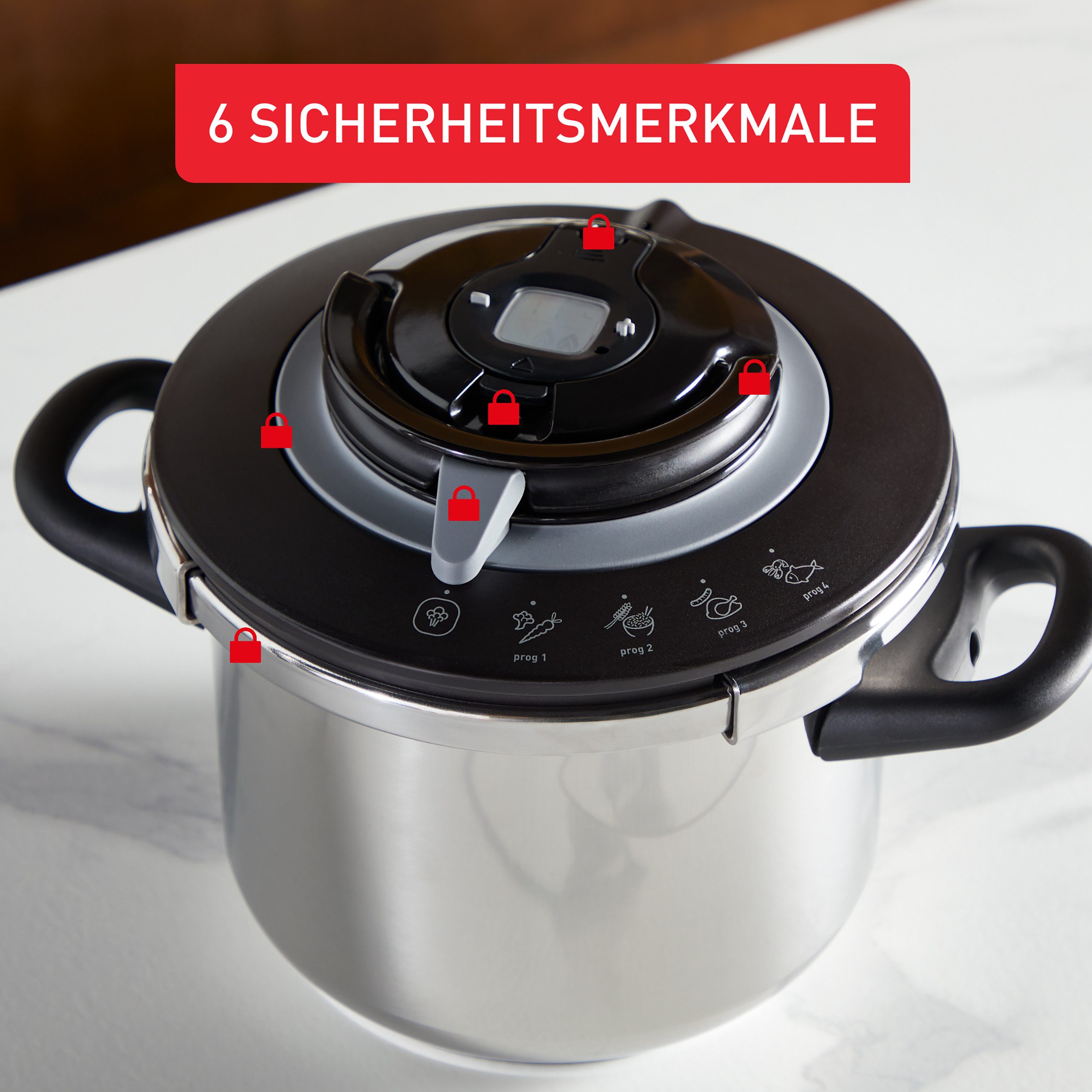 Tefal Snelkookpan Clipso+ CHEF, 6 liter snelkookpan 4 kookprogramma’s, 6 veiligheidsniveaus, afneembare timer