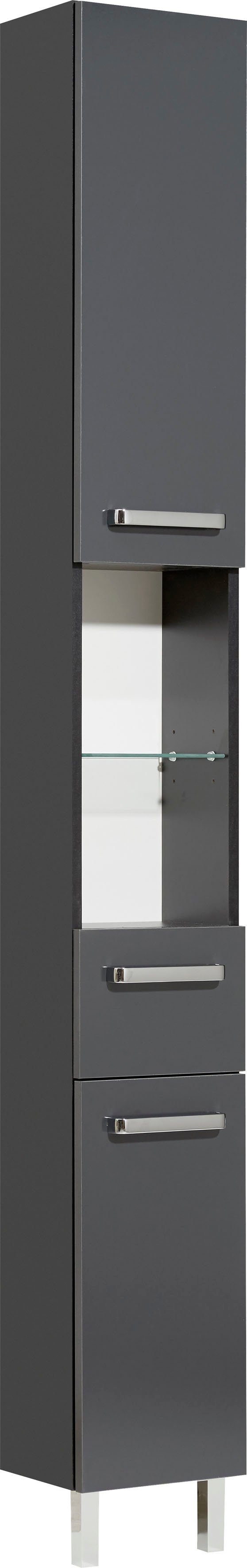 Saphir Hoge kast Quickset badkamermeubel 25 cm breed, 2 deuren, 2 nissen, 1 lade Hoge badkamerkast inclusief deurdemper, grepen in glanzend chroom