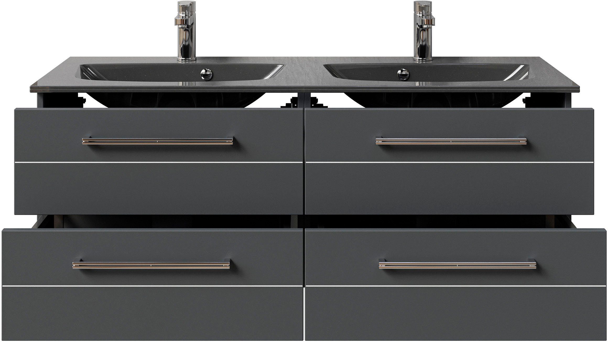 Saphir Wastafelonderkast Serie 6025 mineraalmarmeren wastafel met onderkast, 132 cm breed Dubbele wastafel met 4 lades, hangend, verschillende uitvoeringen (2-delig)