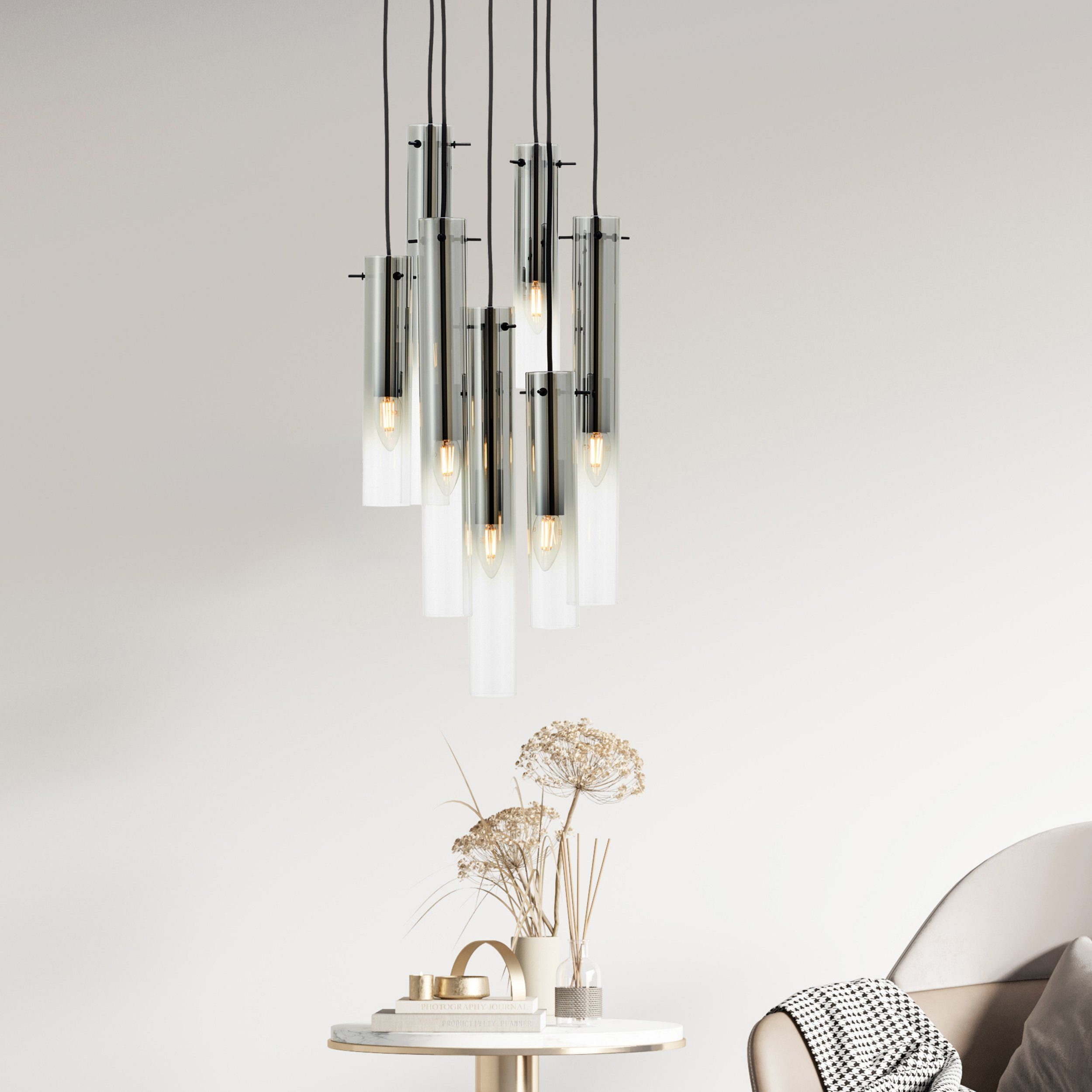 Brilliant Leuchten Hanglamp Glasini 199 x 32 cm, 7 x e14, inkortbaar, metaal/rookglas, mat zwart