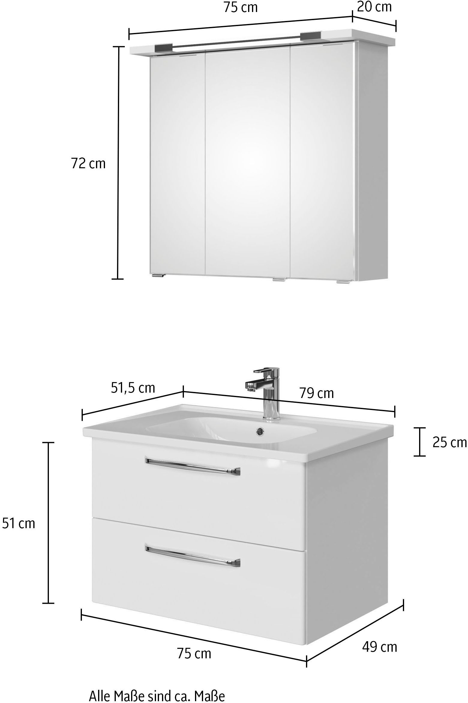 Saphir Badmeubelset Trentino 2-delig keramische wastafel, spiegelkast met LED-profiel Badkamermeubel-set 79cm breed, incl. deurdemper, 3 deuren, 2 lades (3 stuks)