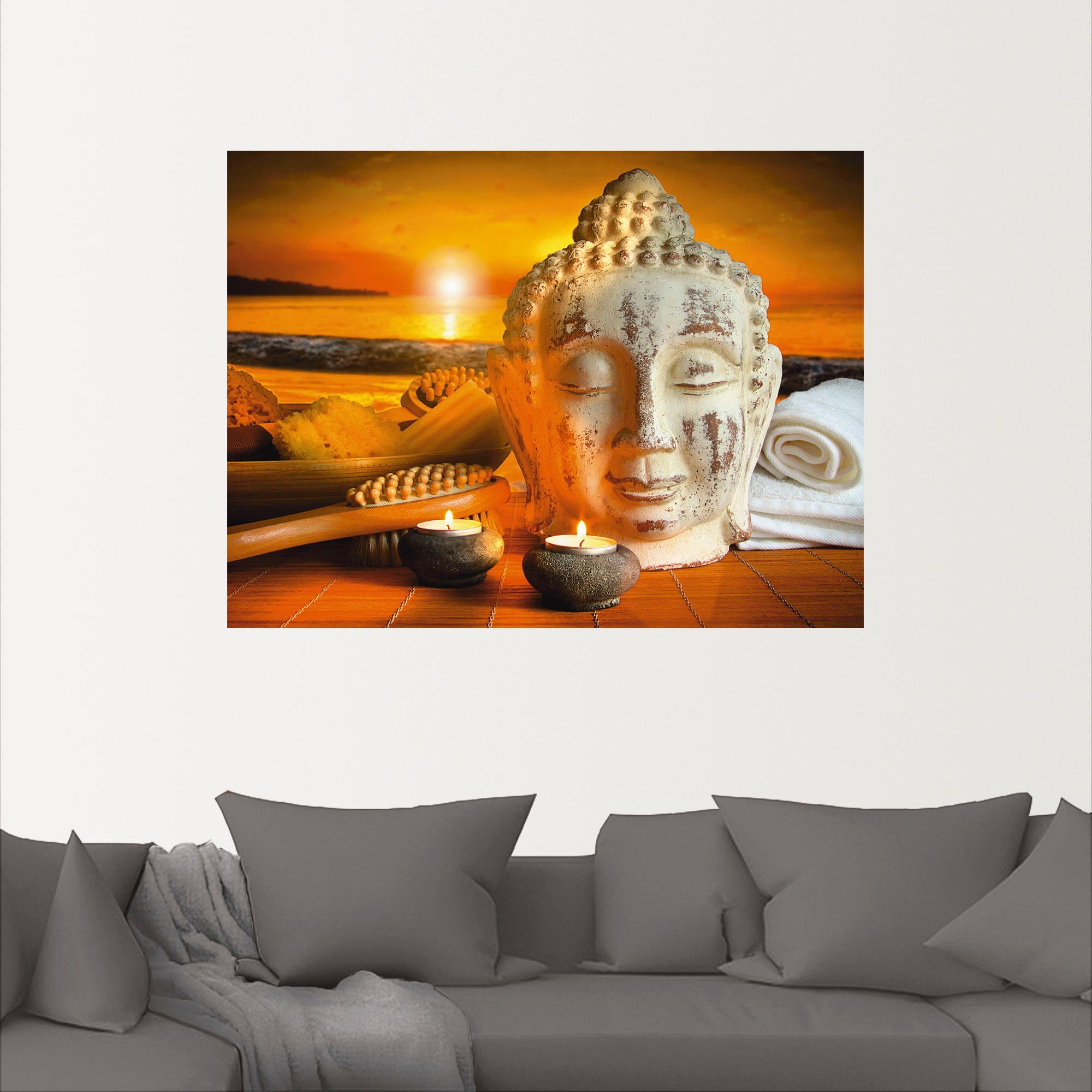 Artland Artprint Bad-accessoires met boeddha-standbeeld als artprint van aluminium, artprint op linnen, muursticker, verschillende maten