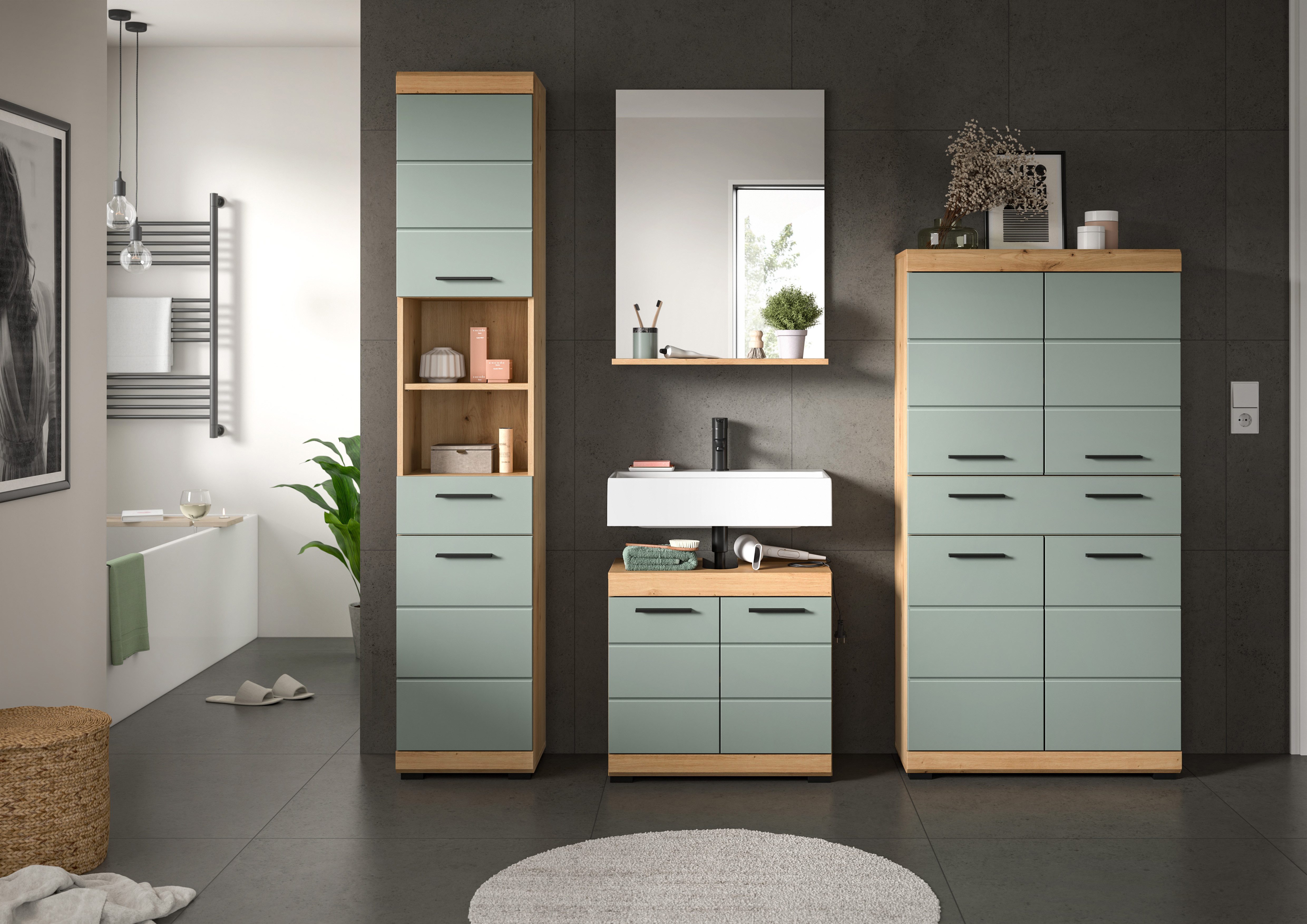 INOSIGN Badkamerserie Siena, 4-delig, bestaande uit: Hoge kast, wastafelonderkast, badkamer spiegel, middenkast (set, 4-delig)