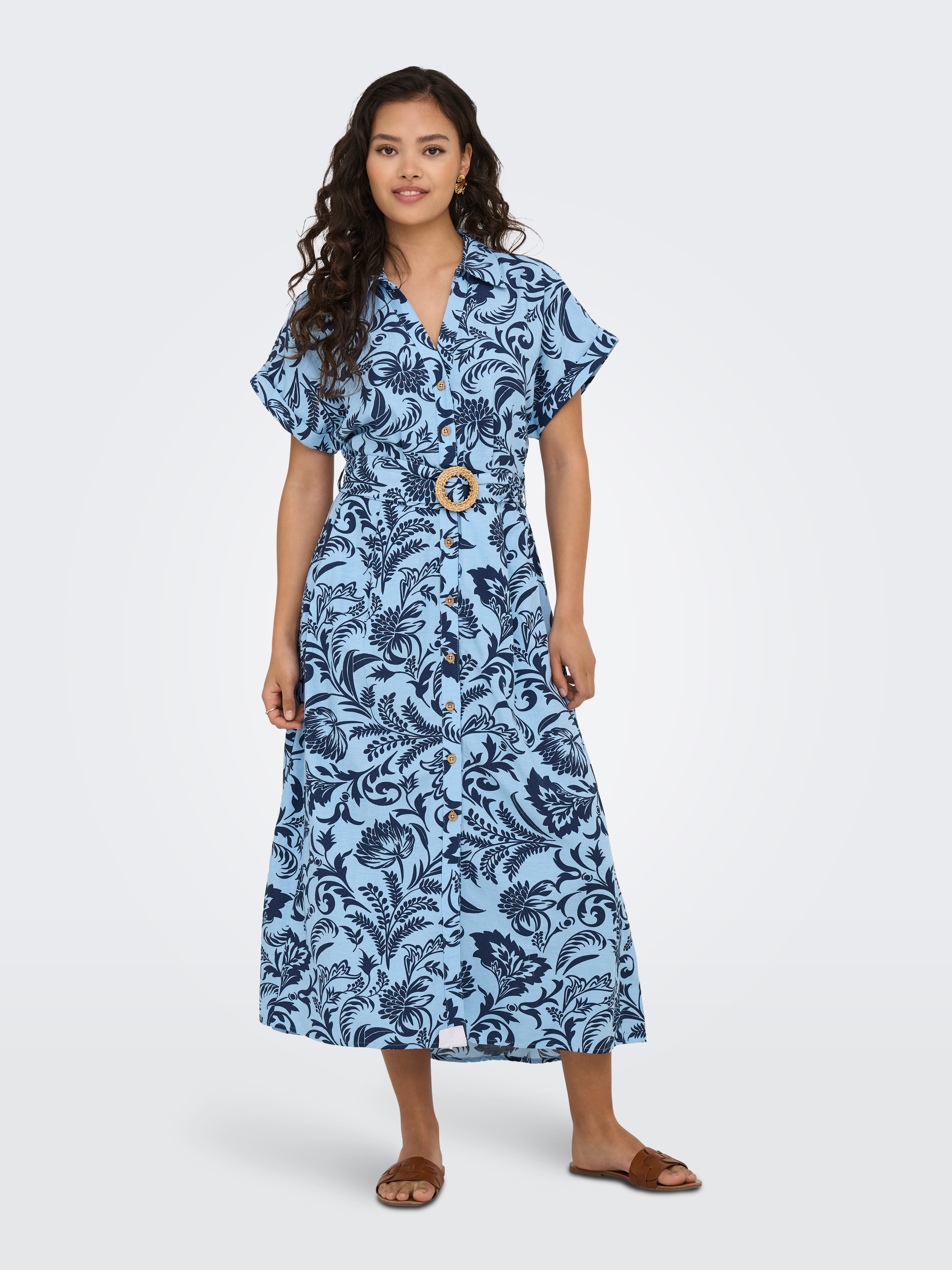 Only Jurk met overhemdkraag ONLJAKIRI LINEN SS MIDI SHIRT DRESS WVN
