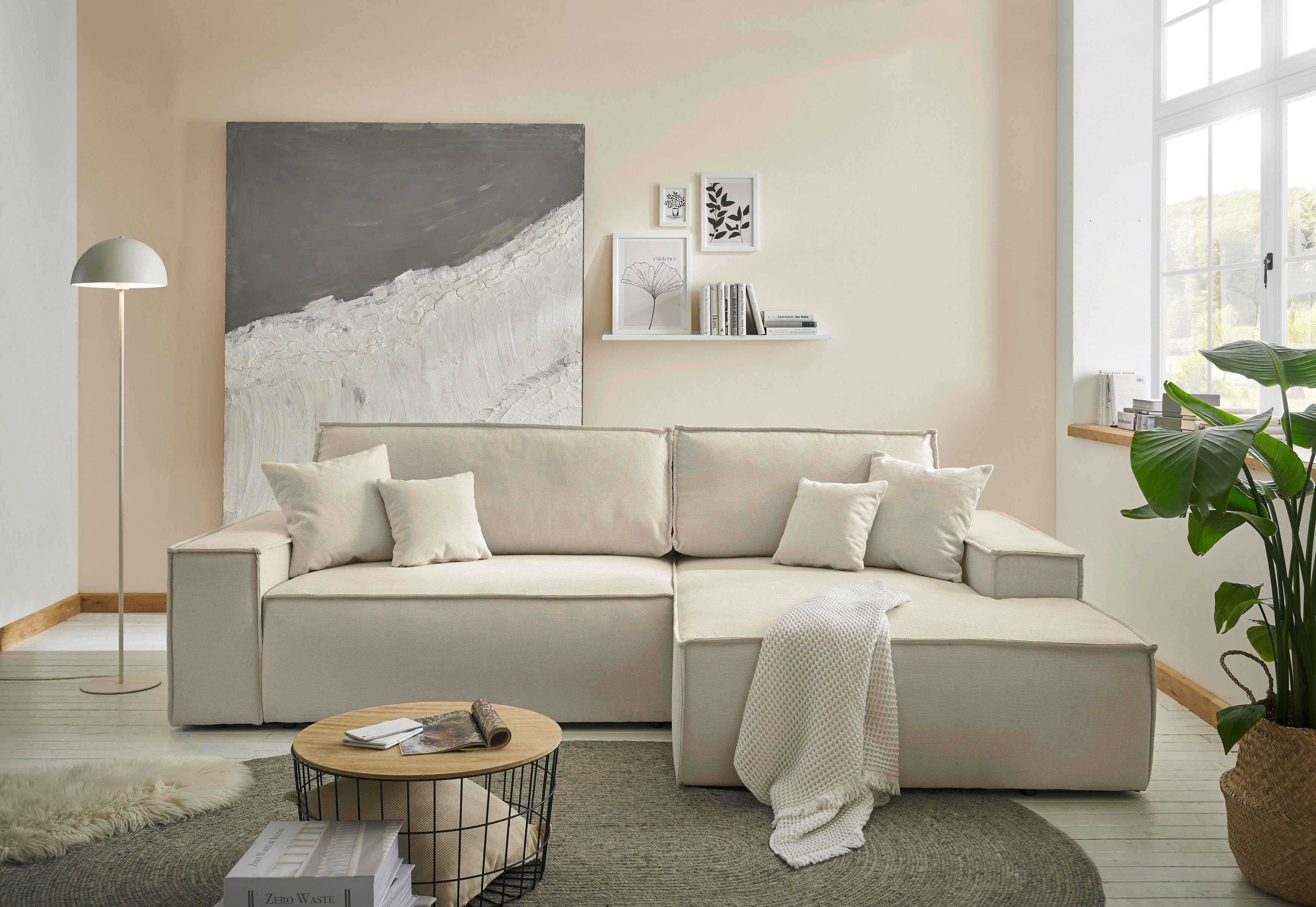 andas Hoekbank Finnley slaapbank 267 cm in Bouclé, fijne structuur en cord, L-vorm
