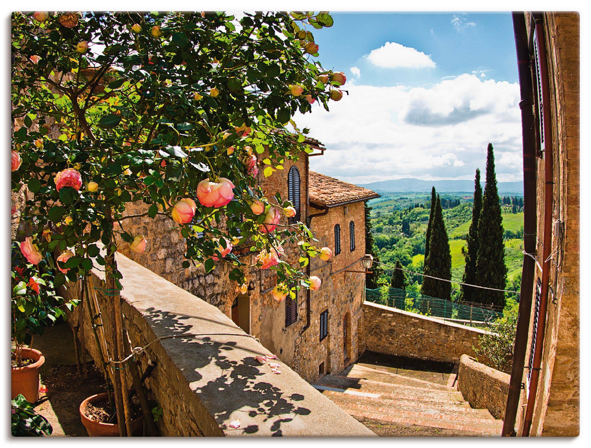 Artland Artprint Rozen op balkon Toscaans landschap als artprint van aluminium, artprint voor buiten, artprint op linnen, poster, muursticker