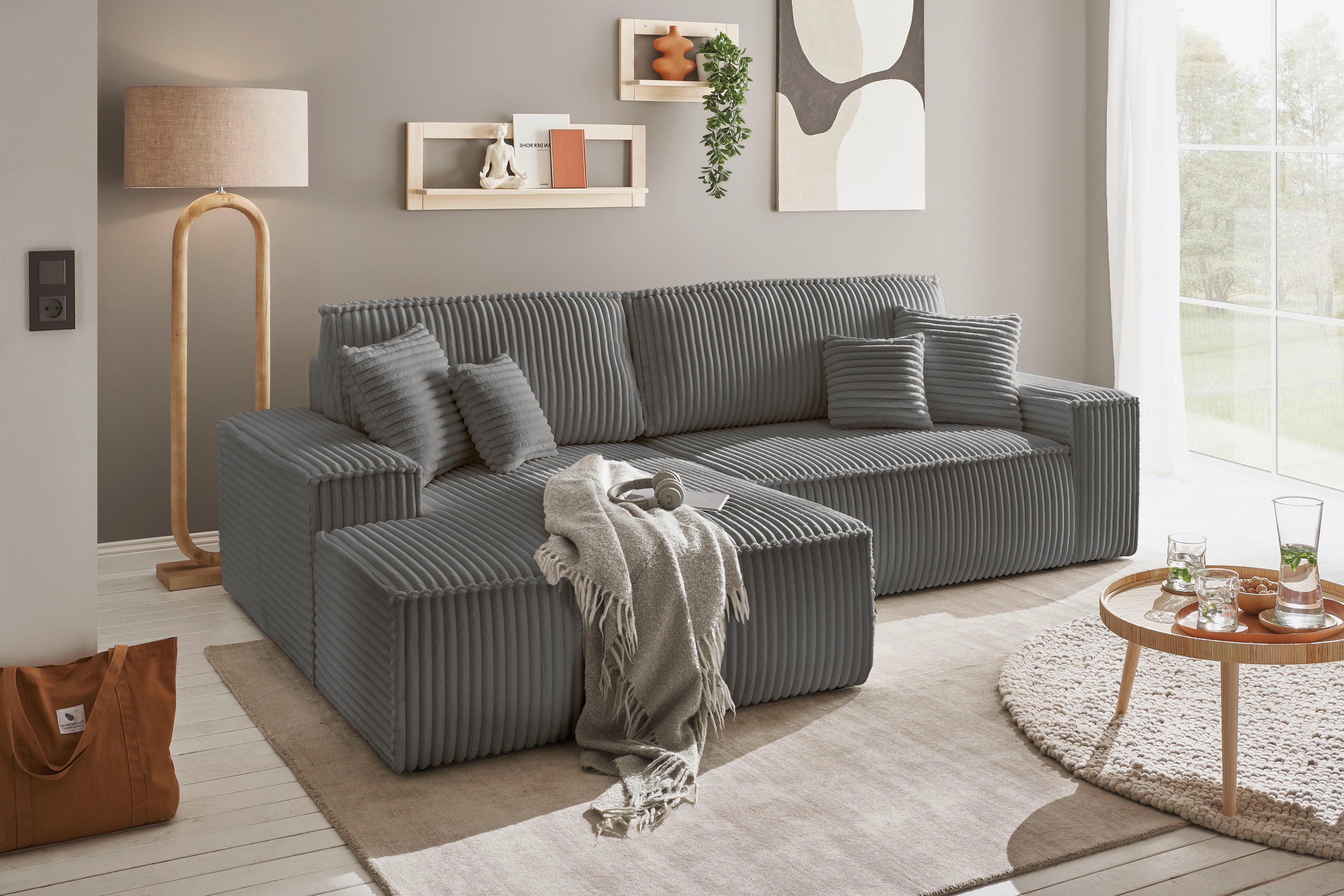 andas Hoekbank Finnley slaapbank 267 cm in Bouclé, fijne structuur en cord, L-vorm