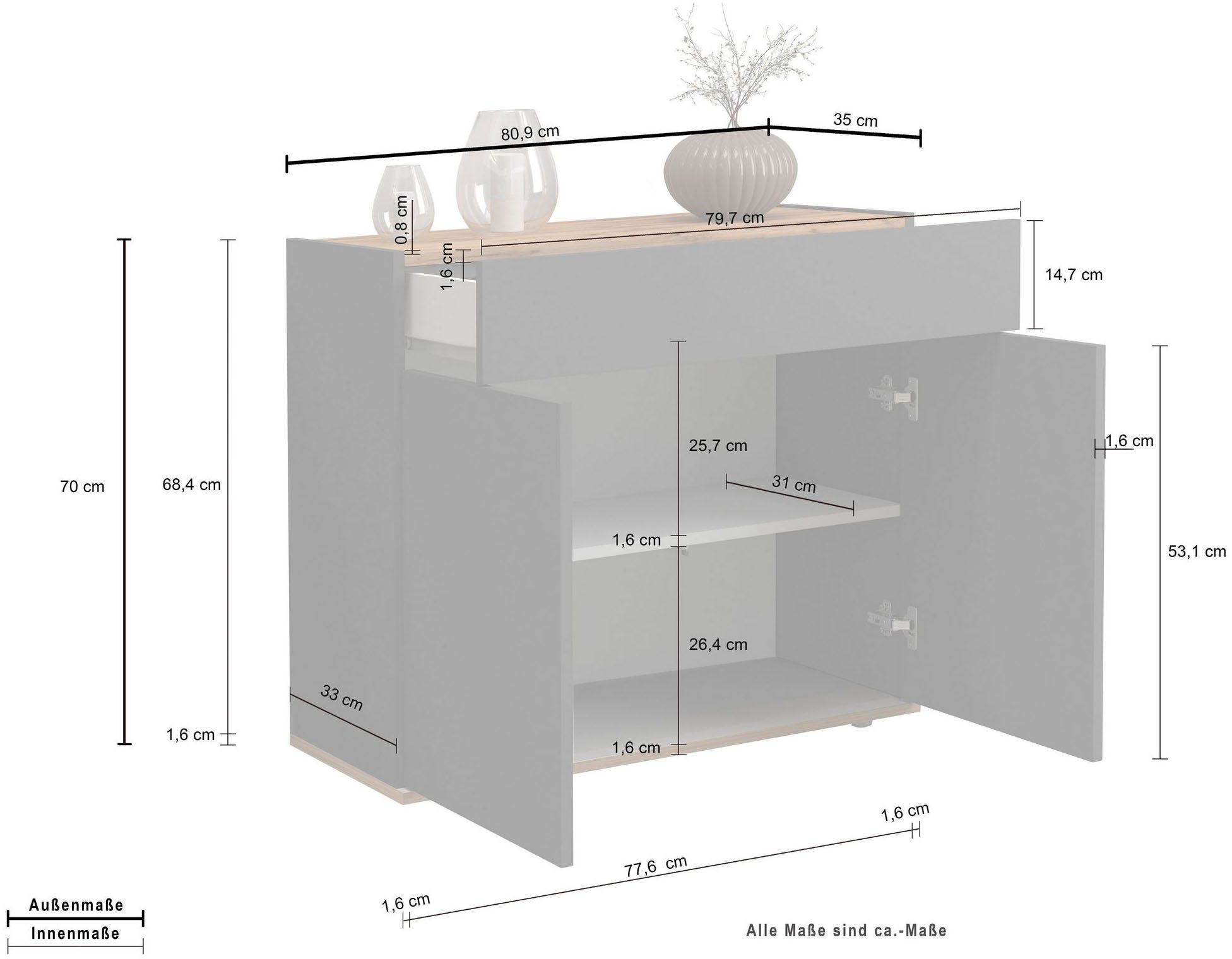INOSIGN Dressoir Garda, Ladekast, Kast, Buffet 2 deuren, 1 lade, greeploos breedte 80,9 cm