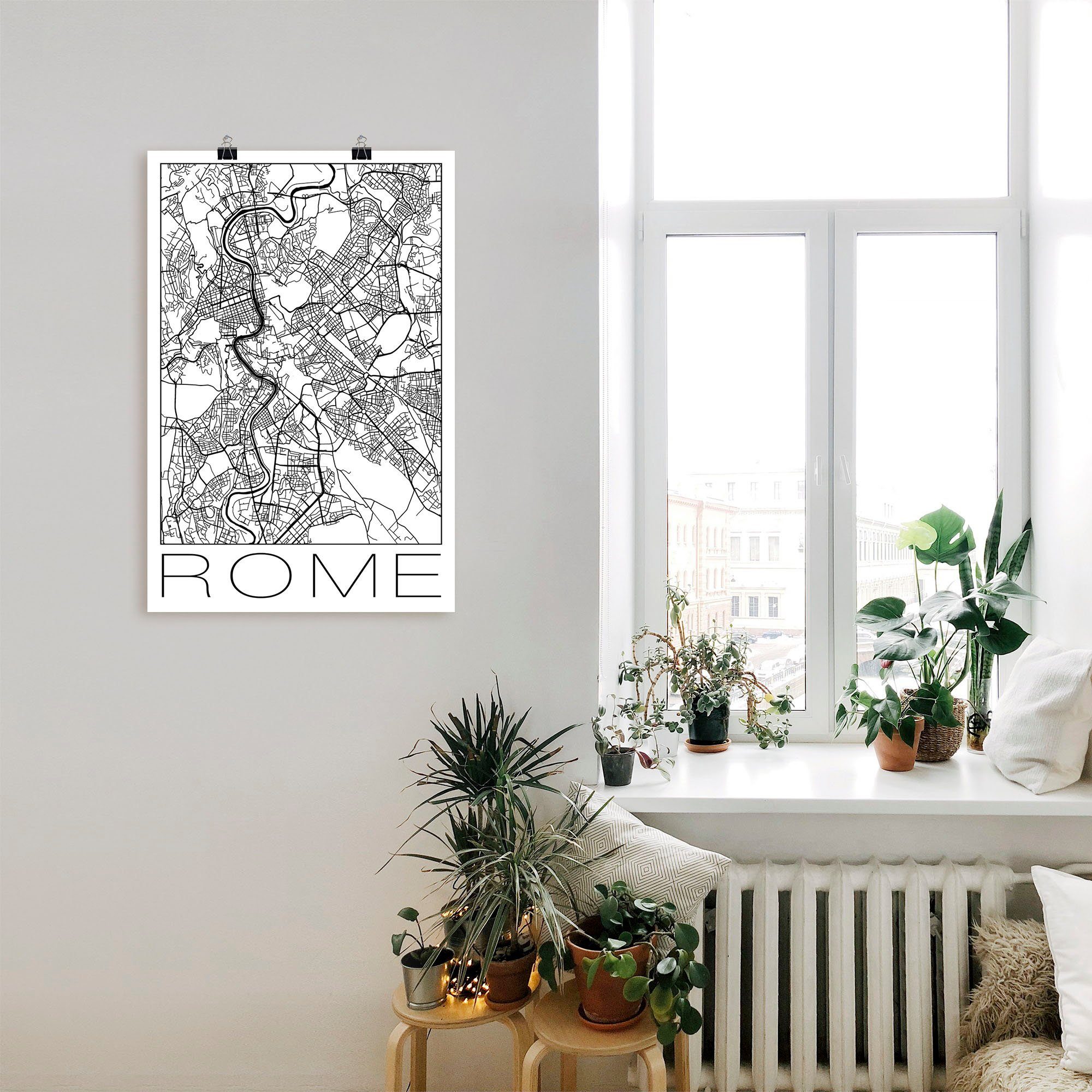 Artland Poster Retro kaart Rome Italië zwart & wit als artprint van aluminium, artprint op linnen, muursticker of poster in verschillende maten