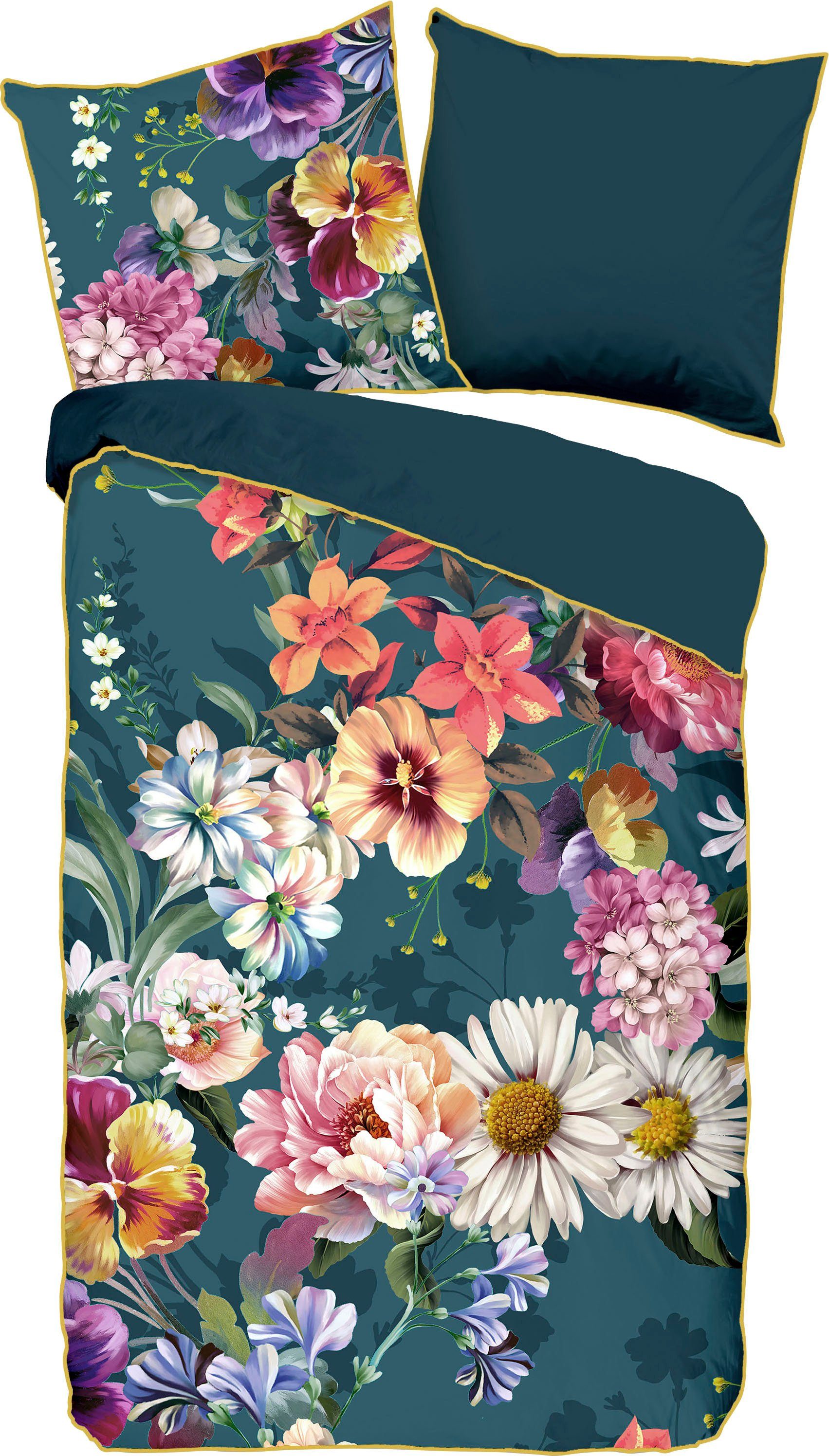 Descanso Tweezijdig te gebruiken overtrekset NOVARA Katoen, Satijn, 135x200, Bies, Rits, Omkeerbaar, Bloemen, Natuur dekbedovertrekken blauw