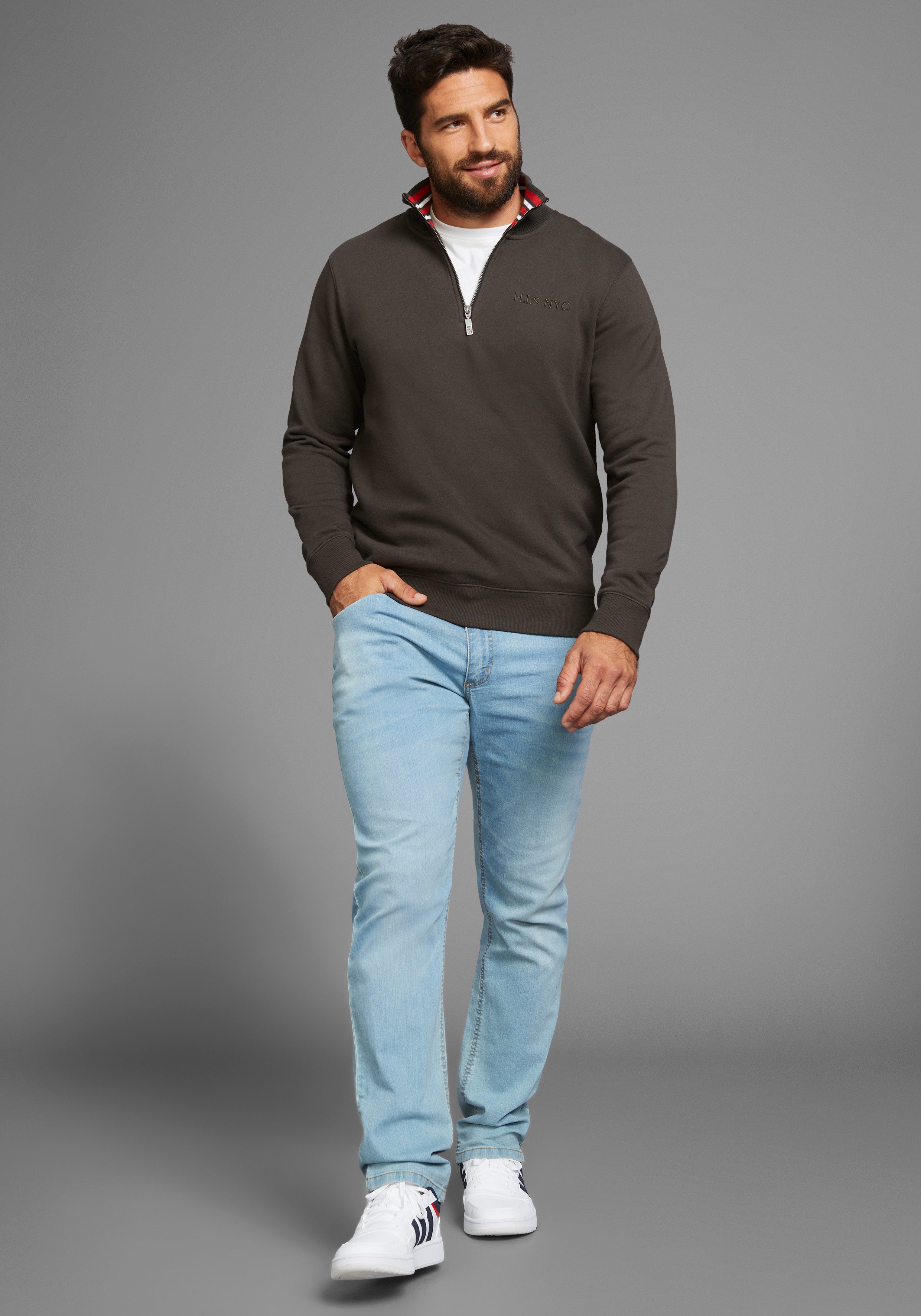 H.I.S Sweatshirt effen van rekbare sweatstof met logoborduring