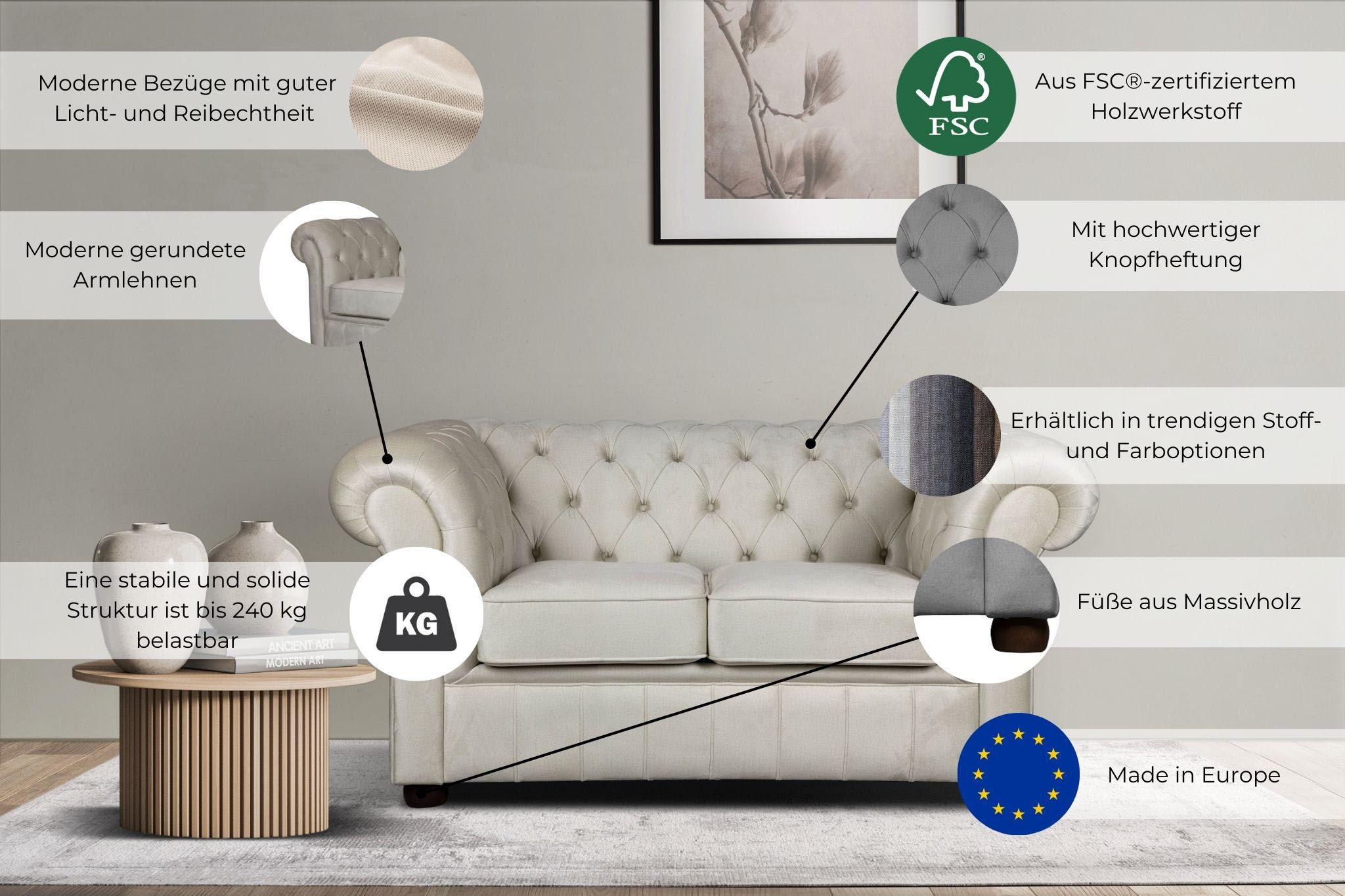 Home affaire 2-zitsbank CHARENTE, Chesterfield bank, golfvering, afmetingen: B/D/H: 147/89/74 cm