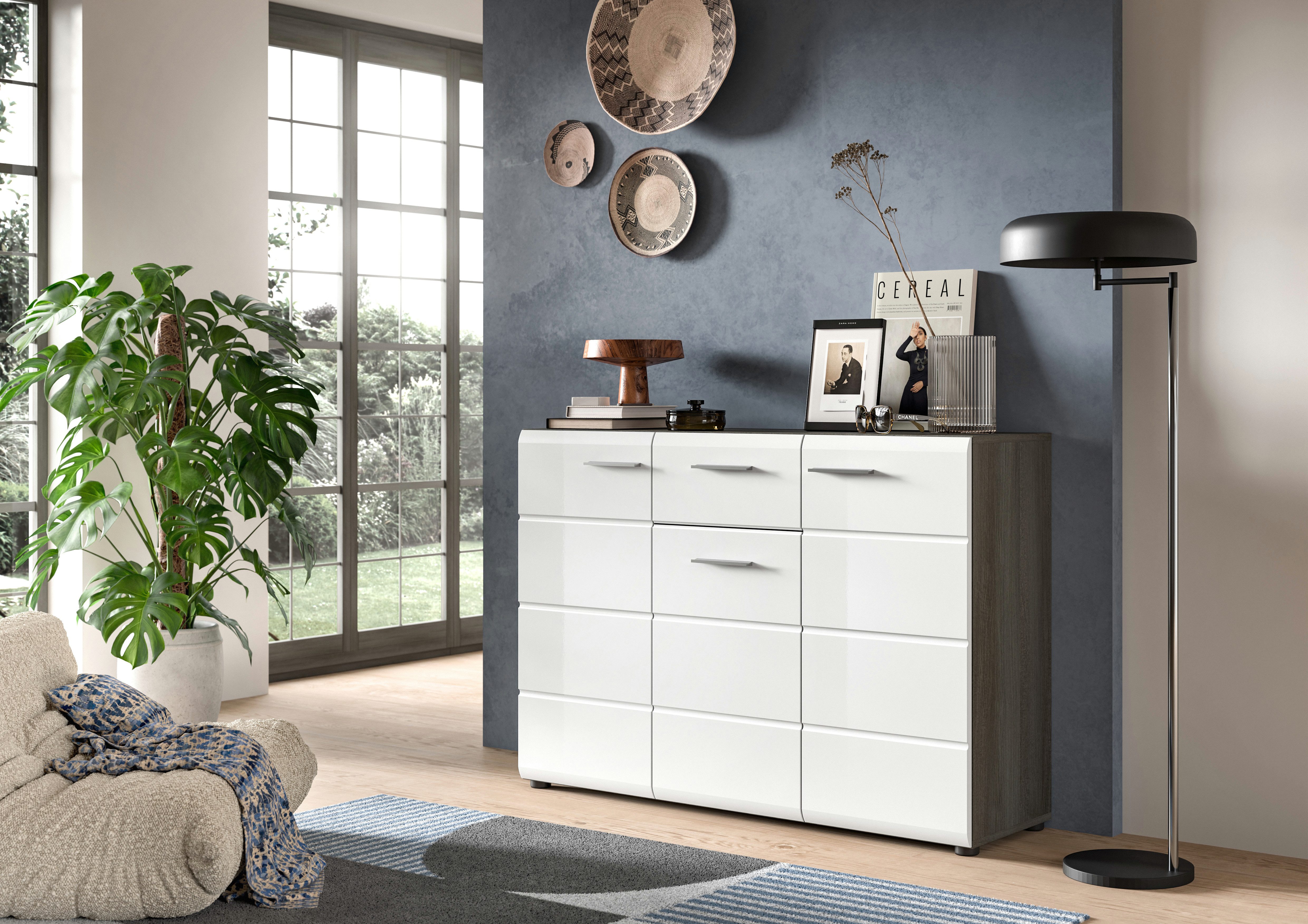 INOSIGN Dressoir Rumba, Breite 120cm, in Rauchsilber Nachbildung-Weiß Hochglanz