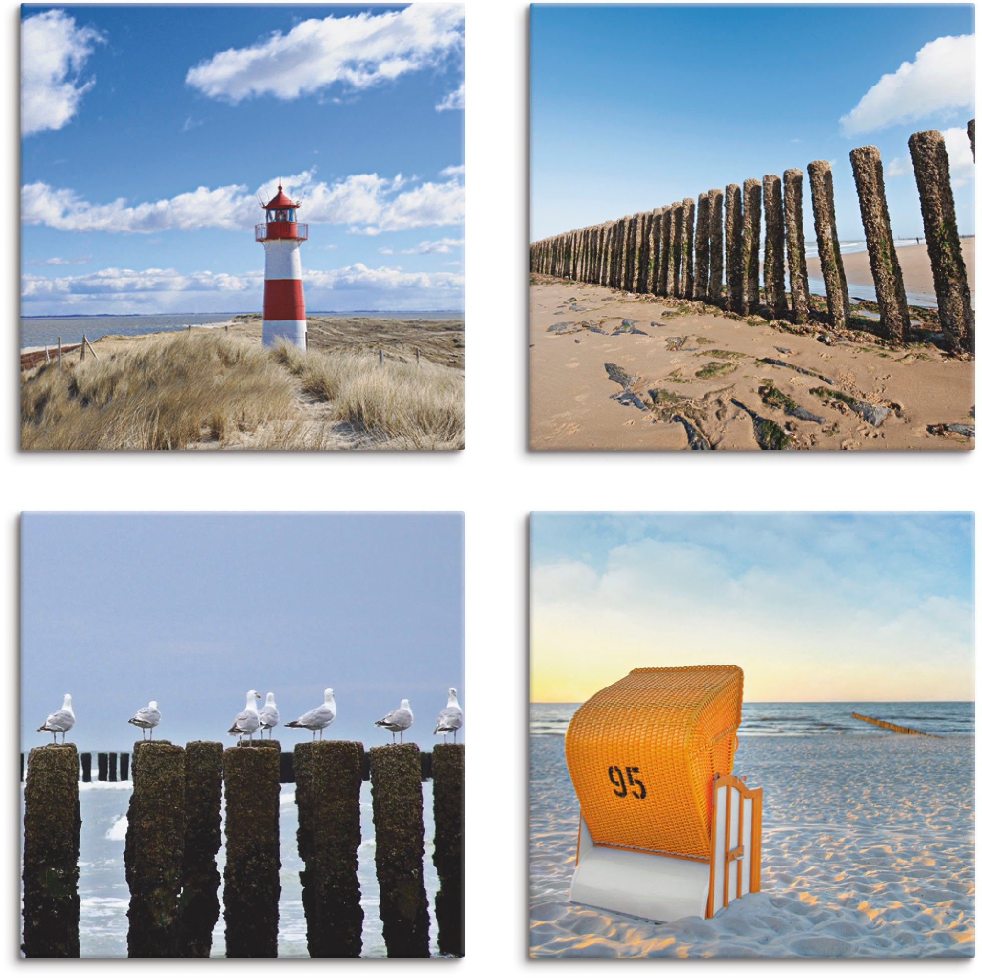 Artland Artprint op linnen Vuurtoren Sylt strand meeuwen strandstoel (4-delig) foto schilderijen maat 30 cm x 30 cm blauw