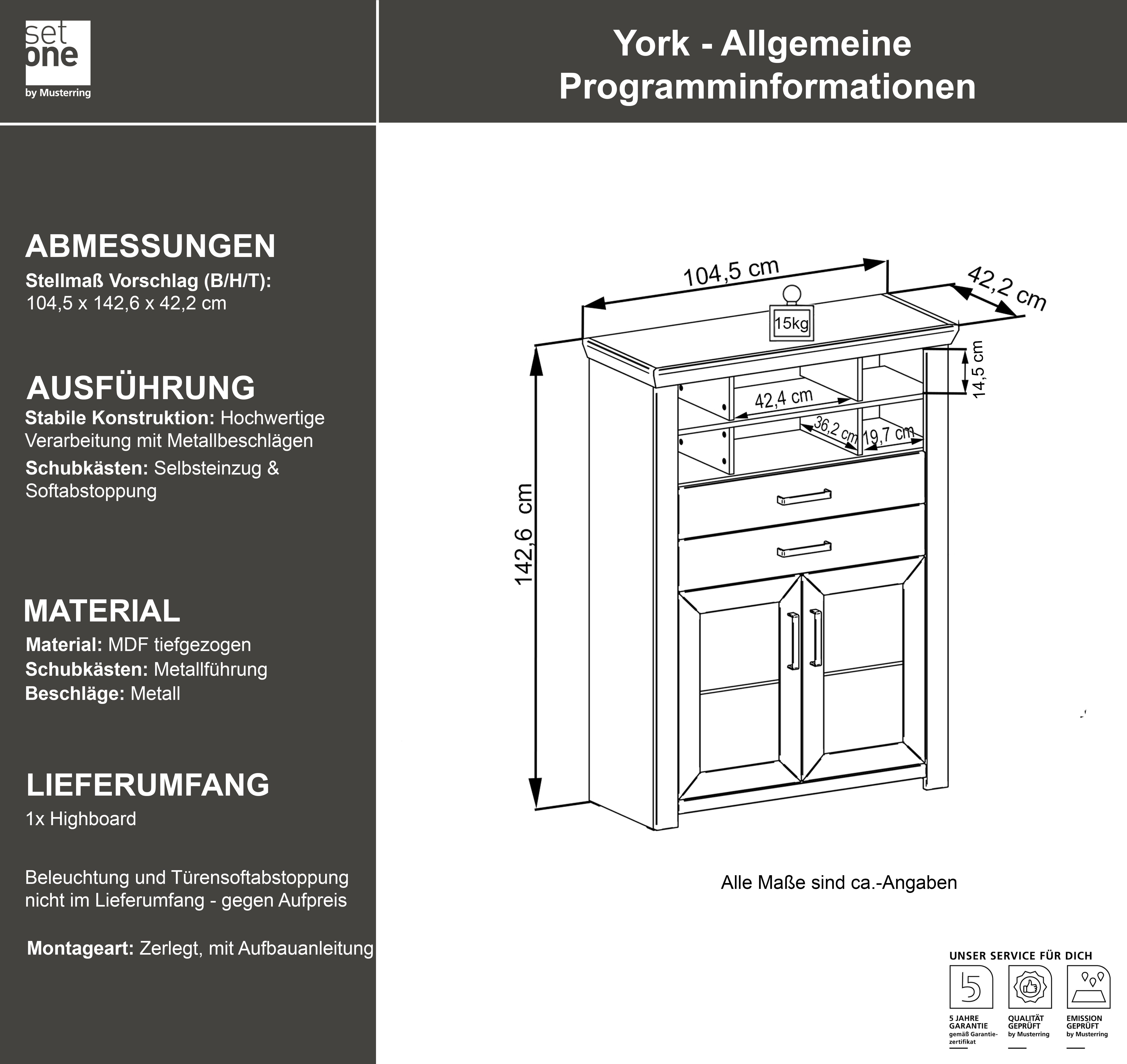 set one by Musterring Highboard York Type 16, met houten deuren en lade, verlichting optioneel, B 105 cm