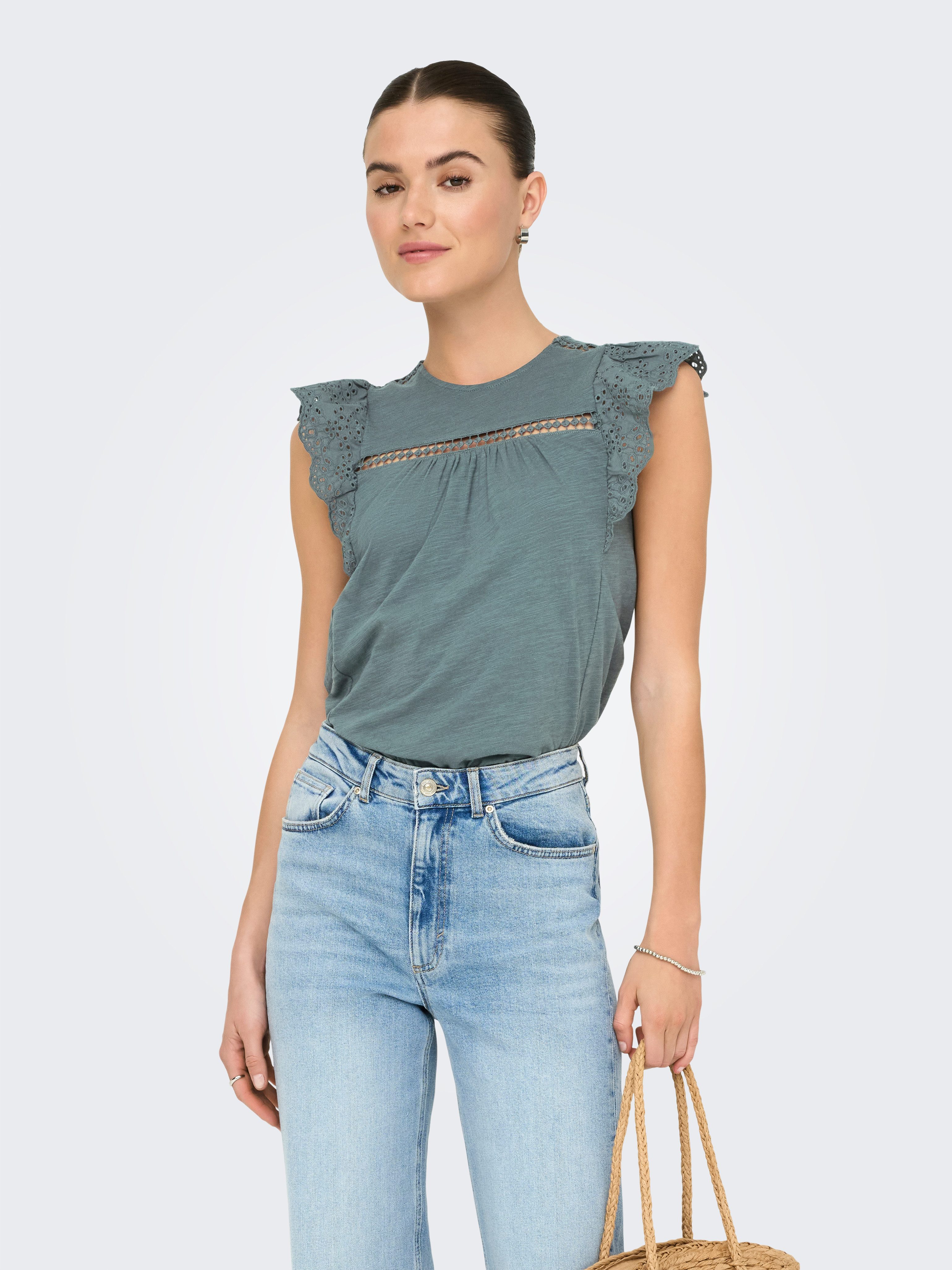 Only Shirt met korte mouwen ONLLEA S/L FRILL MIX TOP JRS